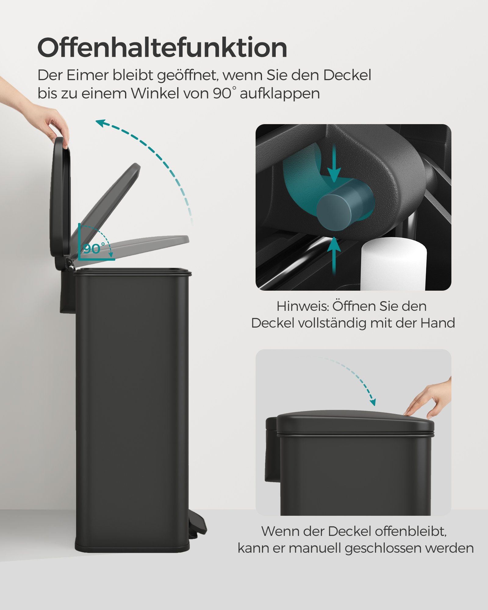 SONGMICS Mülleimer Küche, Abfalleimer, großer Tretmülleimer, mit Deckel, aus Stahl, Softclose, inklusive 15 Müllbeutel, 40 Liter