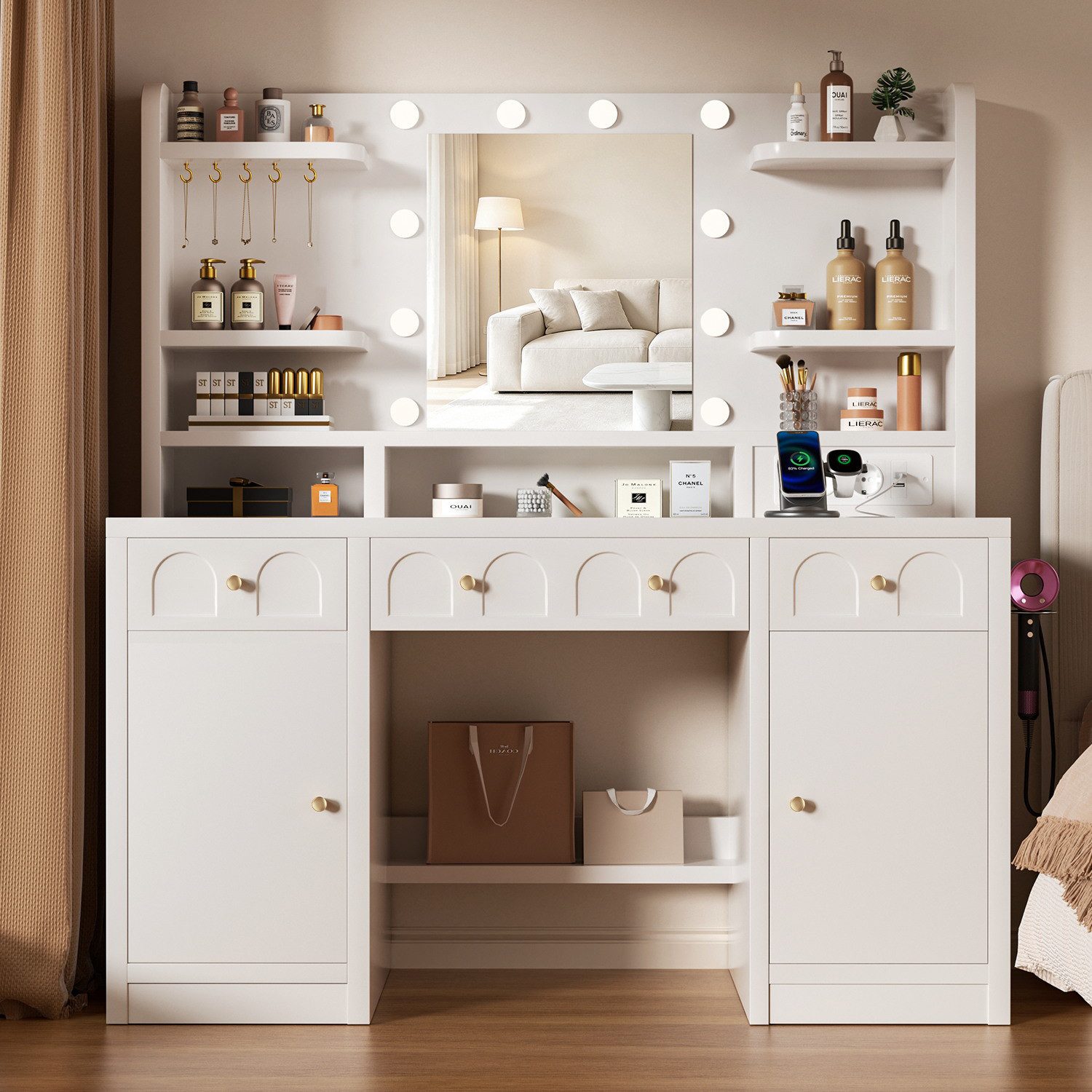 Lexzurn Schminktisch Schminktisch mit LED-Beleuchtung, großem hochauflösendem Spiegel (mit Steckdose und USB-Ports,10 offene Fächer,3 Schubladen, 2 Schränke,5 Schmuckhaken,10 LED-Leuchten, 3 Lichtfarben), Maße: 107 × 40 × 140 cm. Leise laufende Schienen, Kippschutz.