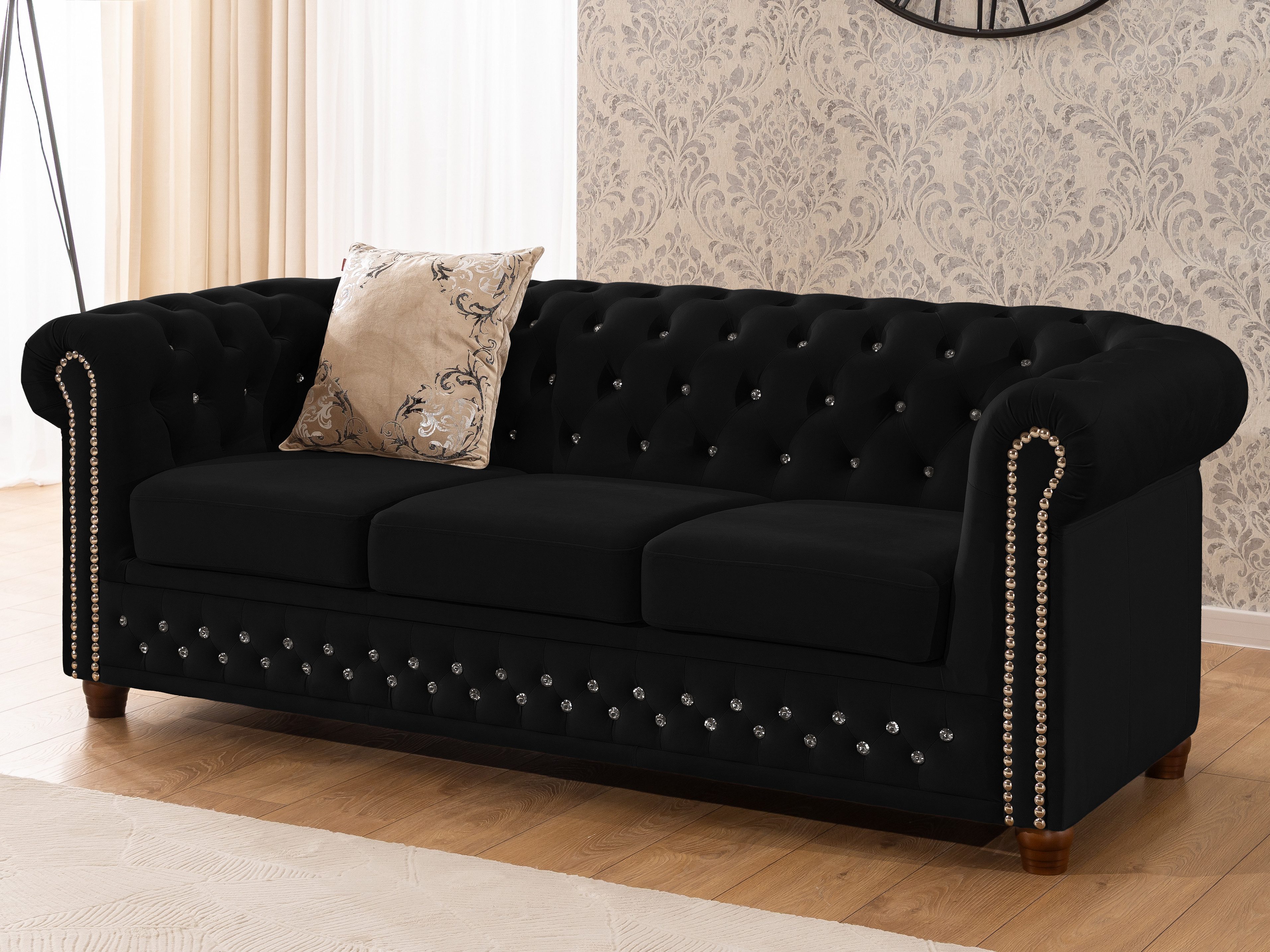 S-Style Möbel Polstergarnitur Chesterfield 3+2+1 Cleo Blink aus Samt mit Kristallsteppung, (1x 3-Sitzer-Sofa, 1x 2-Sitzer-Sofa, 1x Sessel), mit Wellenfederung – Bild 3 von 5
