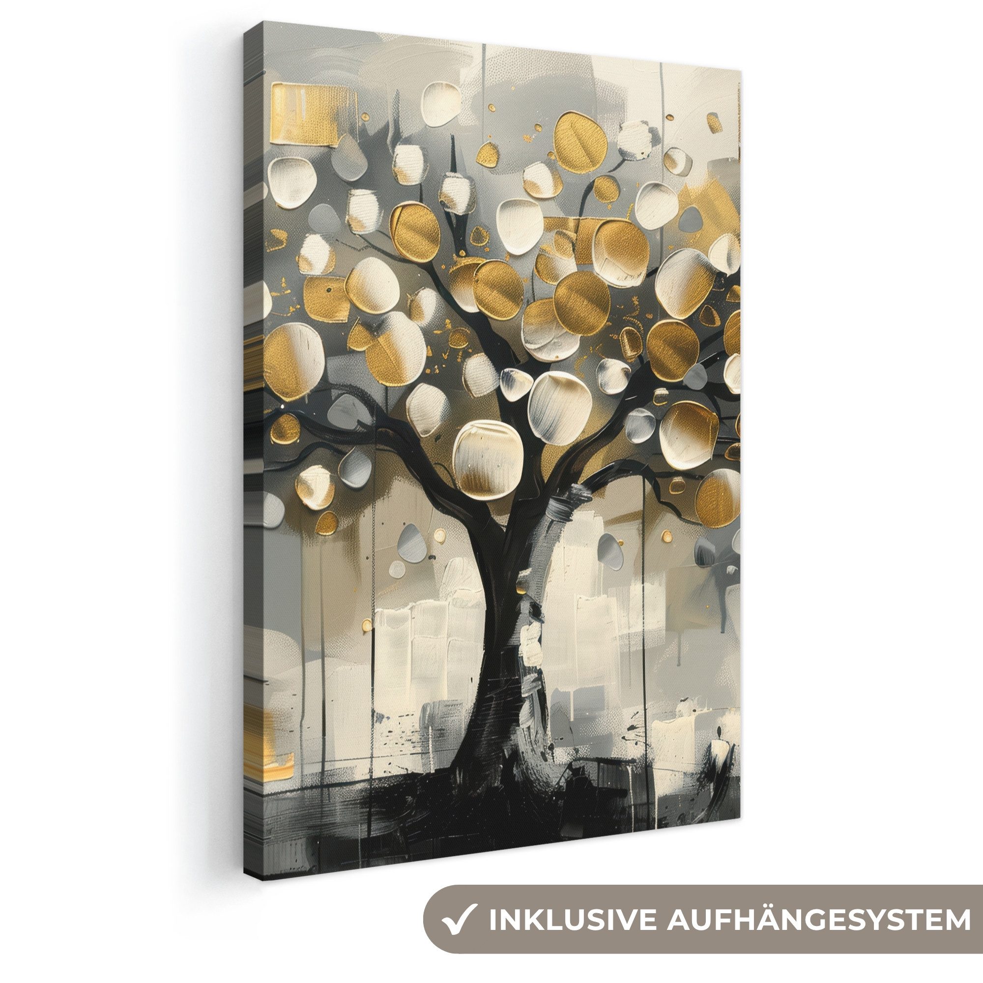 OneMillionCanvasses® Leinwandbild Baum - Abstrakt - Beige - Gold - Schwarz, Fotodruck (1 St), Leinwand Canvas Wandbild, Wanddekoration 20x30 cm