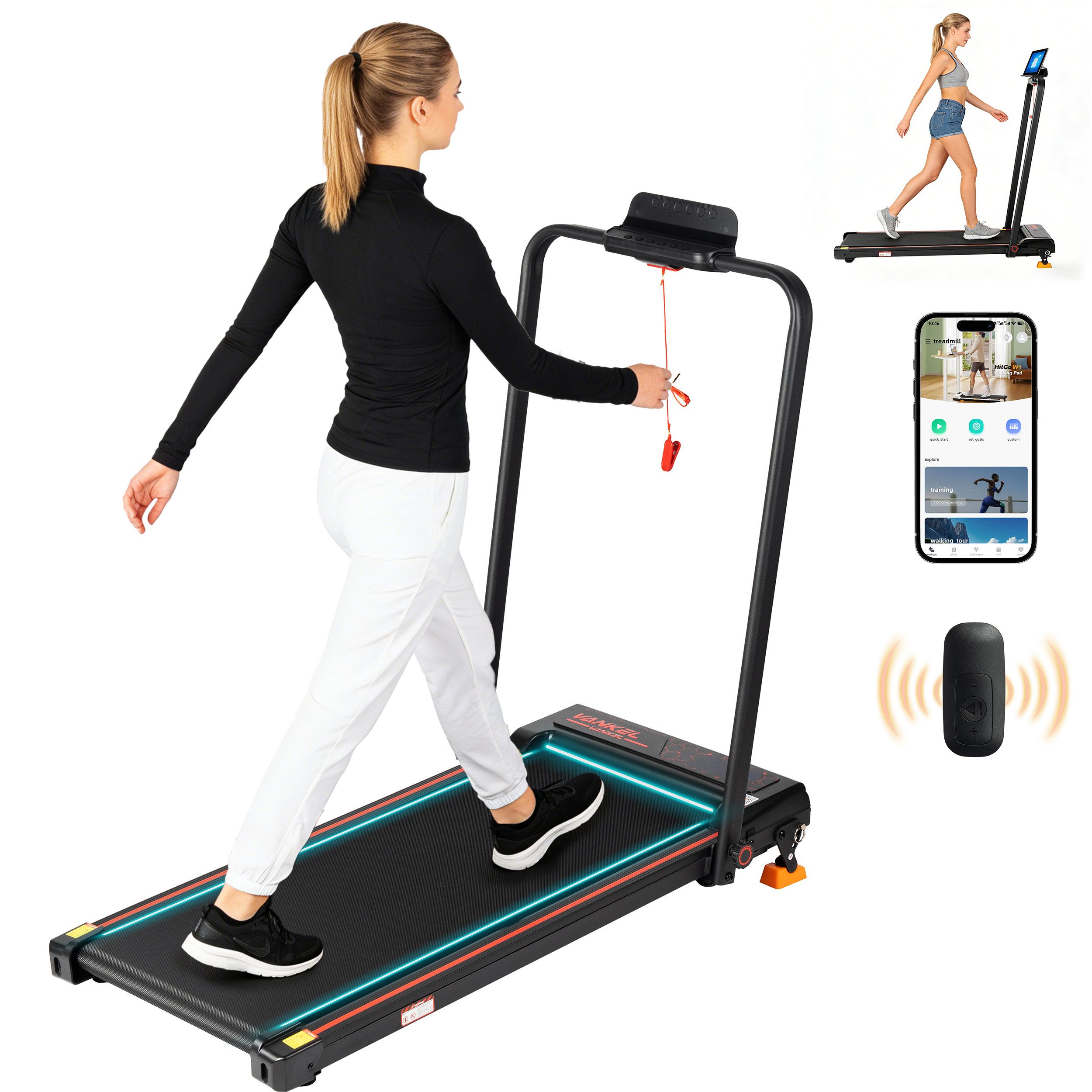 Vankel Laufband Klappbares Laufband 1–12 km/h mit App & Steigung (Fernbedienung), Kompaktes Heimlaufband mit Handlauf und Fernbedienung