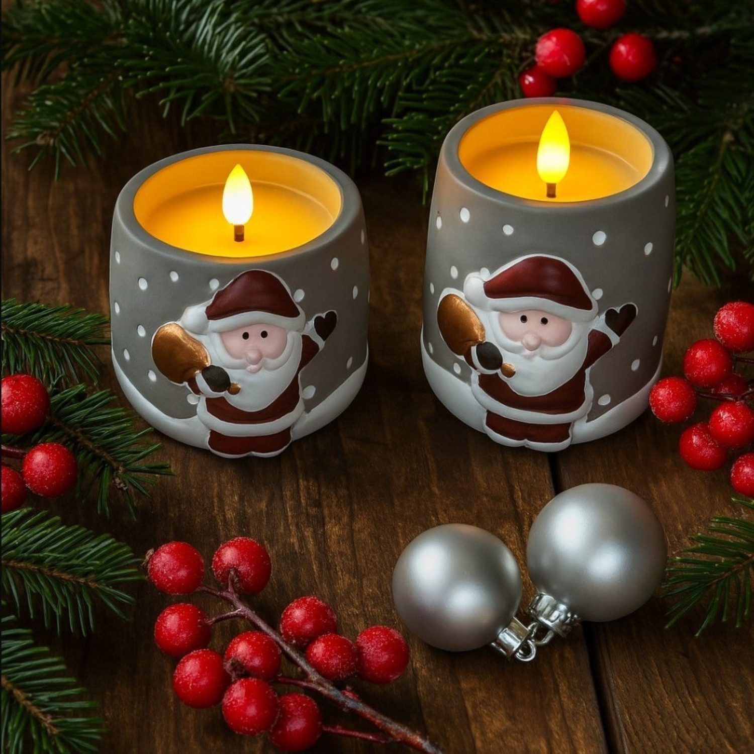 Online-Fuchs LED-Kerze - 2 LED-Kerzen aus Beton mit Weihnachtsmann & Timer günstig online kaufen