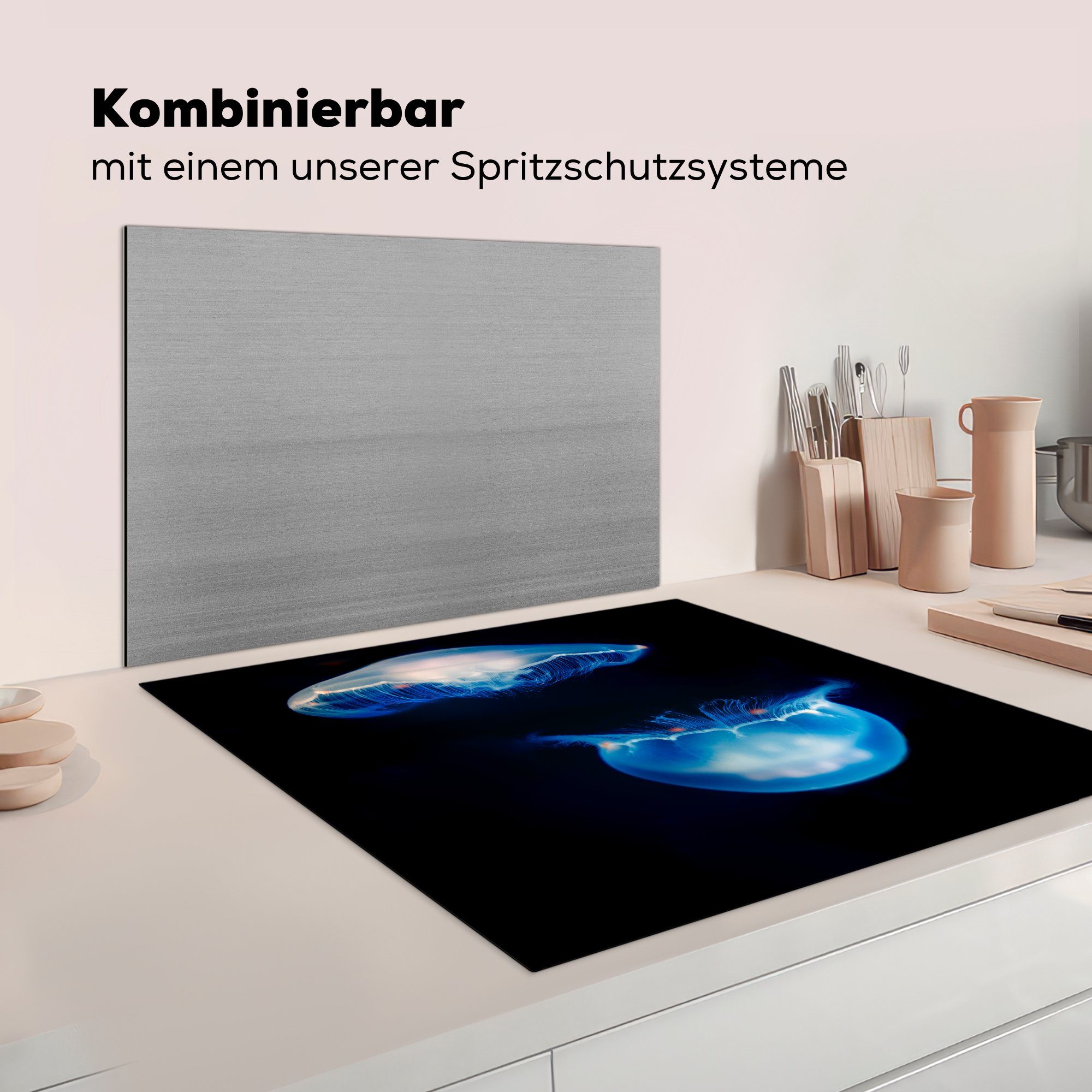 küche - Meerestiere - Ceranfeldabdeckung, (1 Vinyl, tlg), Quallen Blau, Herdblende-/Abdeckplatte cm, Arbeitsplatte 78x78 MuchoWow für