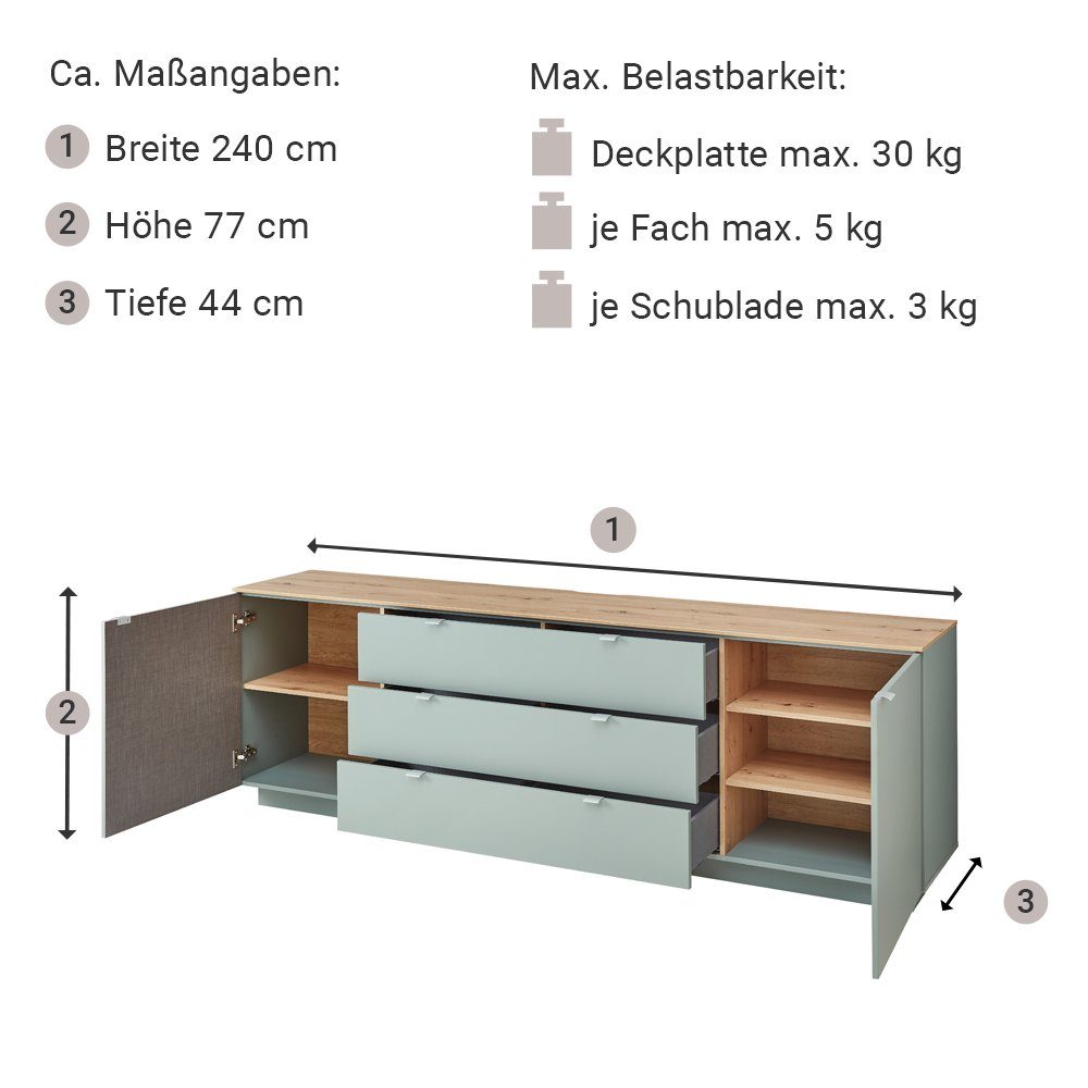 Lomadox Sideboard CUST-36, Fernsehschrank grün mit Artisan Eiche Breite 240 cm