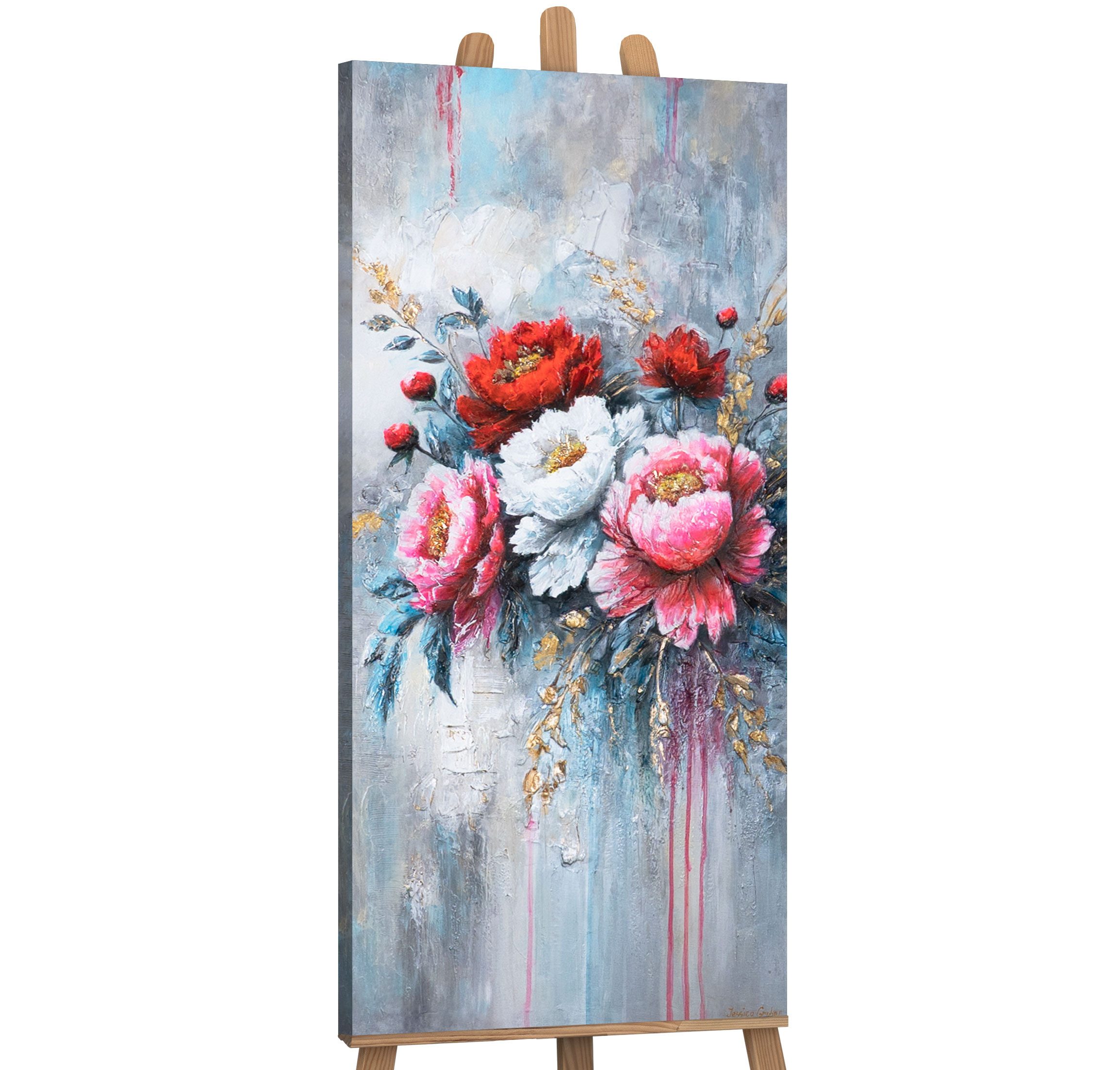 YS-Art Gemälde Leinwandbild im Hochformat, Vertikales Wandbild, Blumen, Stier, Katze