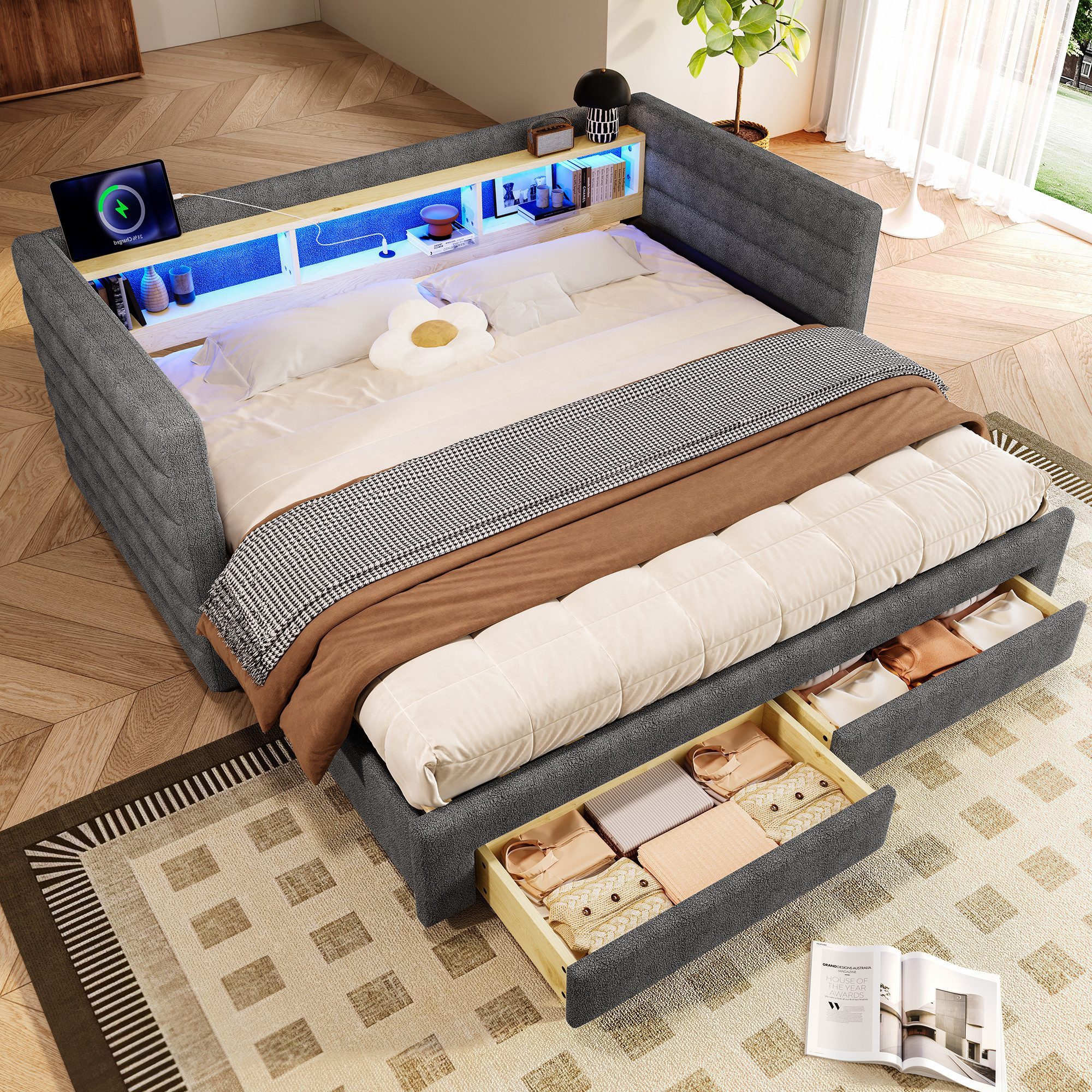 HAUSS SPOLE Schlafsofa 90x190 mit Ausziehbett&Schubladen,Daybett Tagesbett mit USB+TYPE-C&LED, mit LED-Licht, multifunktionalem Ausziehbett & Stauraum 90x190/180x190 cm, ohne Matratze