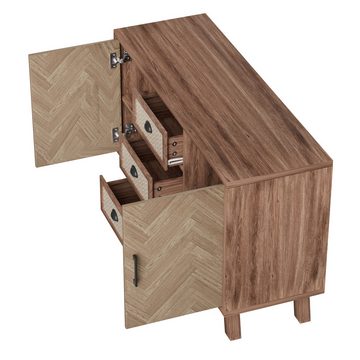 MODFU Sideboard Kommode (3 Schubladen, 2 Türen), mit Fischgrätenmuster, Beine aus Massivholz, 120*40*80cm