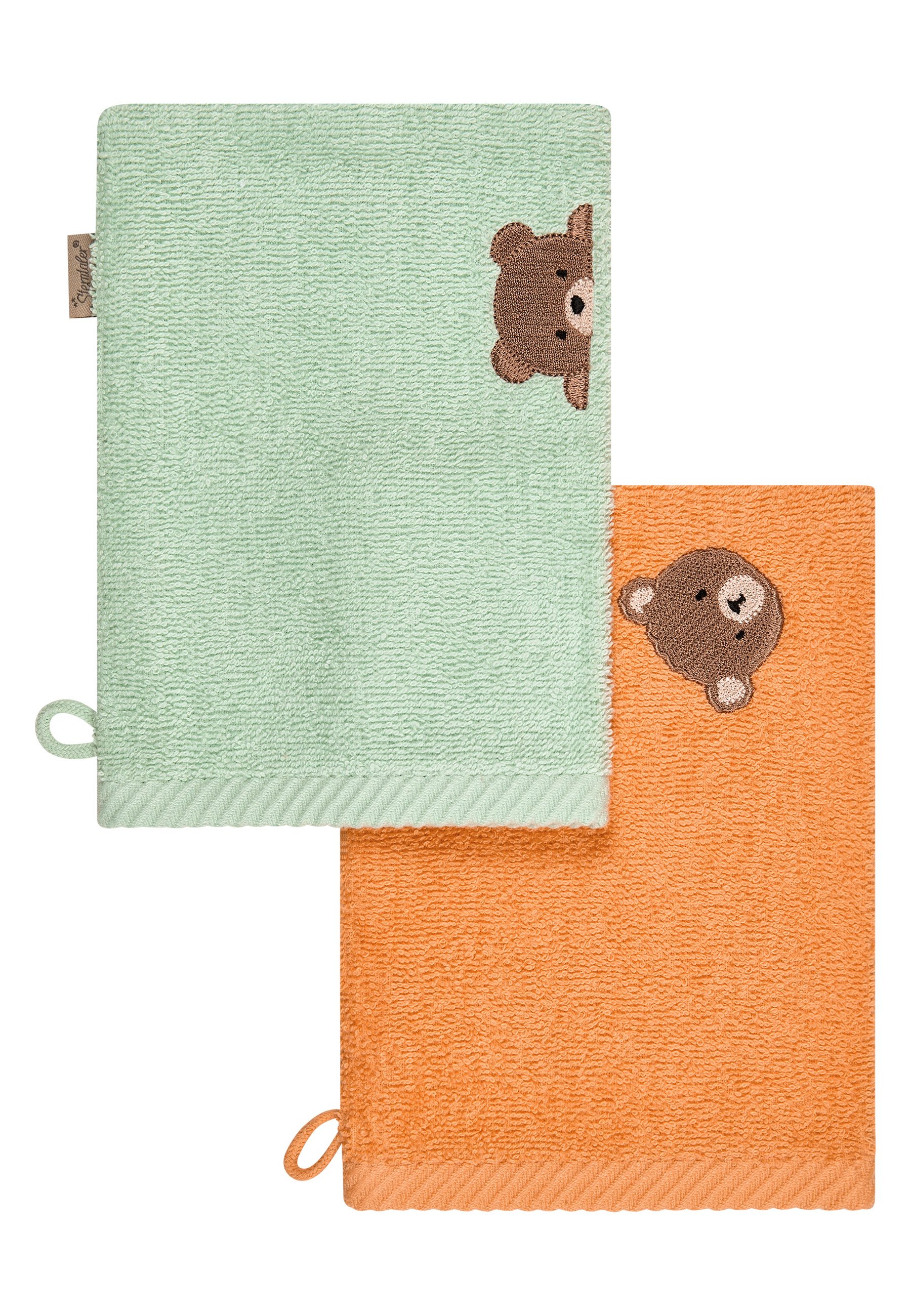 Sterntaler® Waschhandschuh Waschhandschuhe 2er-Pack BÄR Bo, Frottee (1-St), Waschlappen 2er-Pack, aus Frottee, schöne Webkanten, süße Stickerei