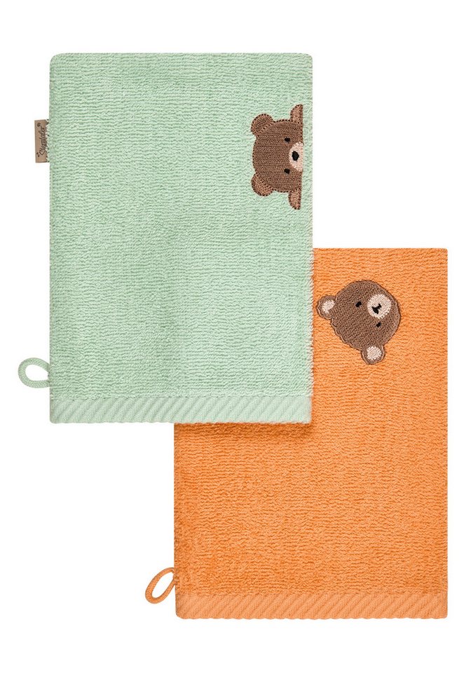 Sterntaler® Waschhandschuh Waschhandschuhe 2er-Pack BÄR Bo, Frottee (1-St), Waschlappen 2er-Pack, aus Frottee, schöne Webkanten, süße Stickerei