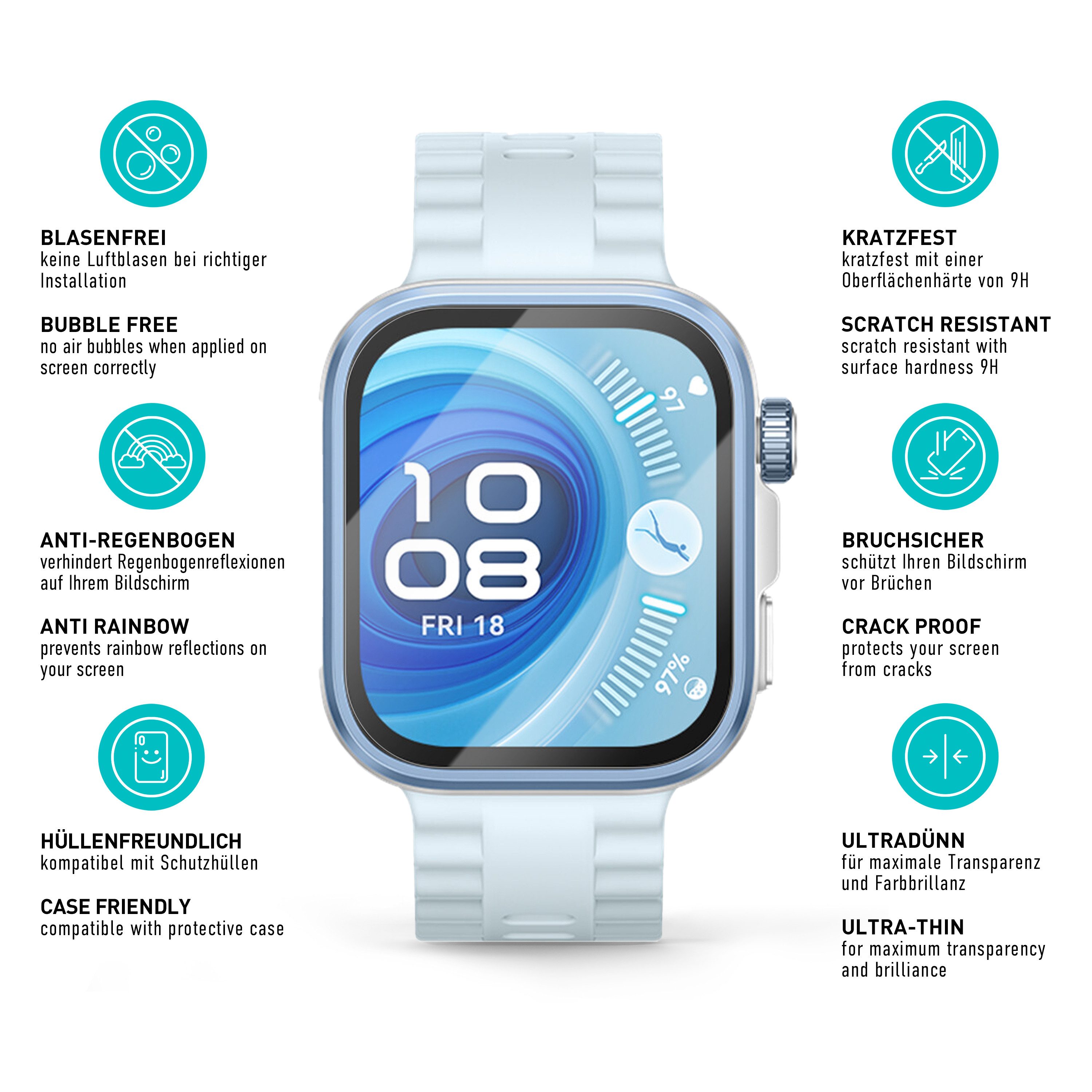 smartect Displayschutzglas Schutzglas Panzerfolie Klar für Huawei Watch Fit 4 Pro, Set, 3 Stück, Schutzfolie Glasschutz Bildschirm