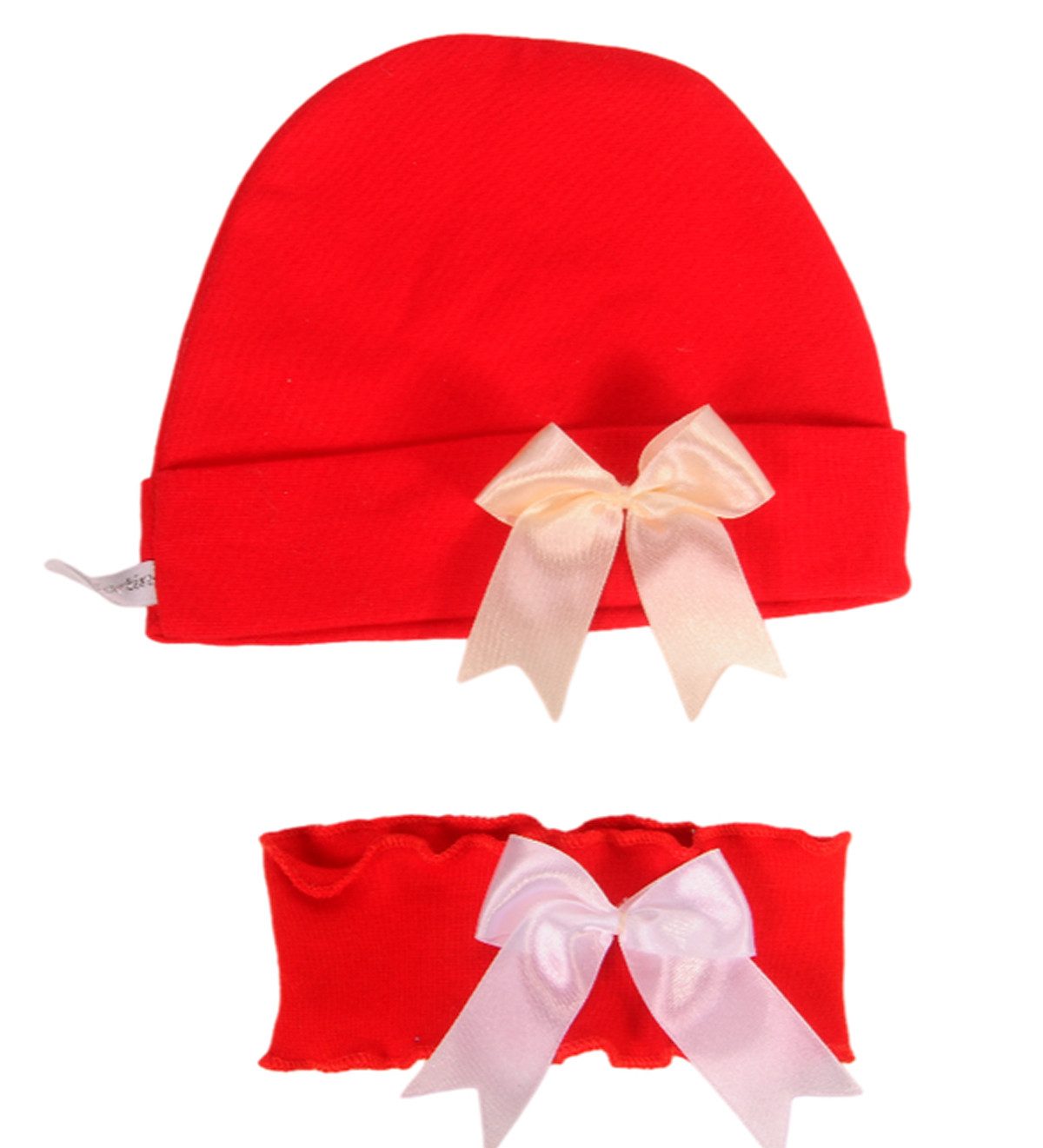 La Bortini Erstlingsmütze Mütze und Strinband Baby Set in Rot für Weihnachten elastisch, weich, mit Schleifchen, 50 56 62 68 74 80 86