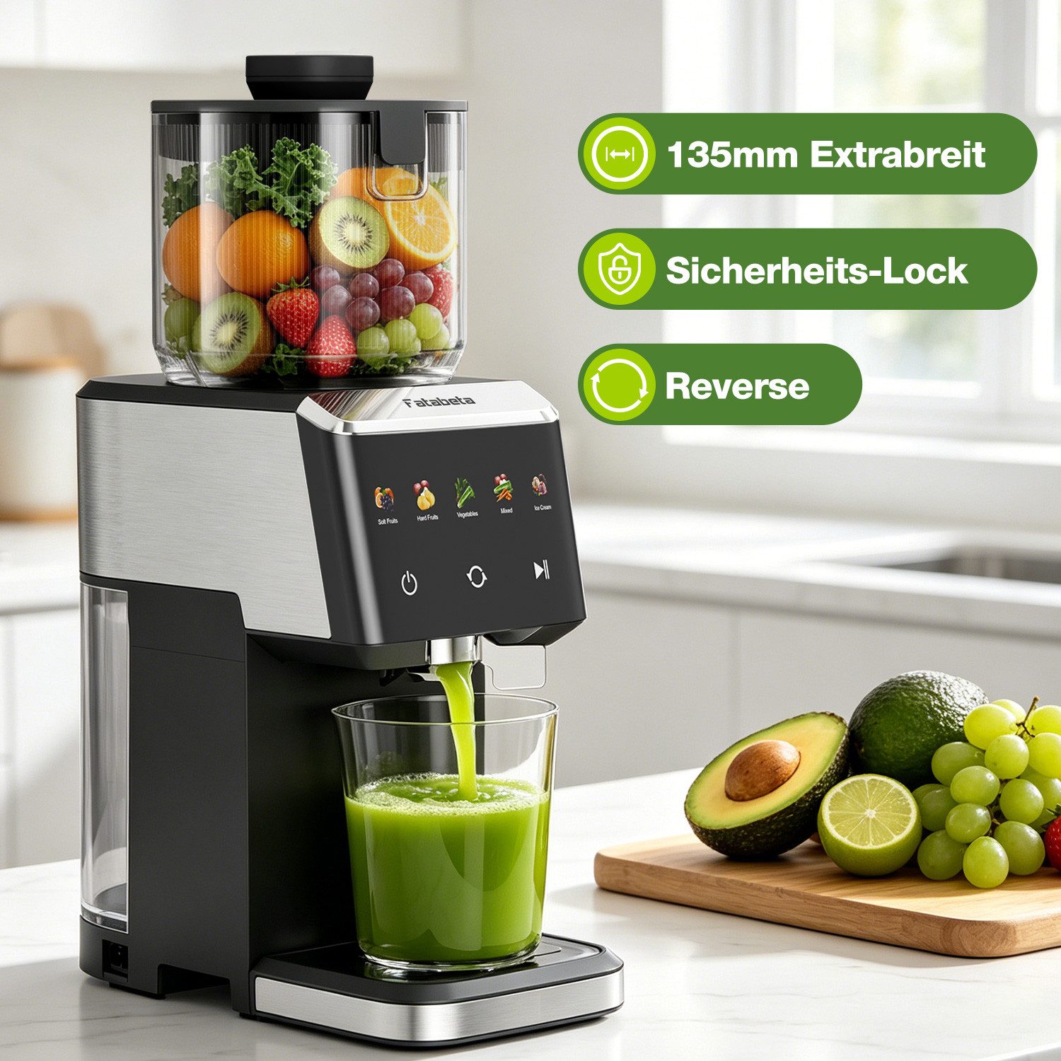 FATABETA Slow Juicer Entsafter 135MM großer Öffnung, Für ganze Früchte und Gemüse, 150 W, BPA-Frei, Hohe Saftausbeute, Erhalt der Nährstoffe mit 2 Bechern