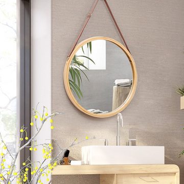 WAOHO Badspiegel Wandspiegel rund Bambus,Hängespiegel rund,Verstellbarer Riemen