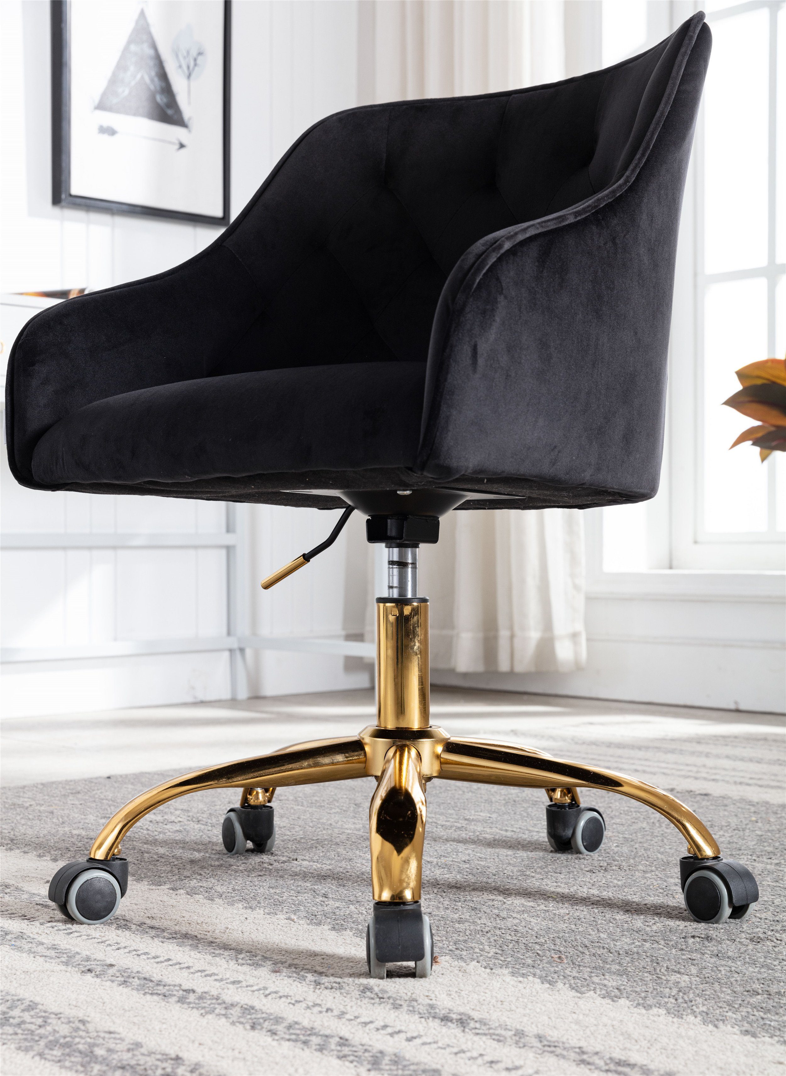 OKWISH Stuhl Samt Bürostuhl, Schminkstuhl, höhenverstellbar), Stuhl, schicker goldener Bürostuhl drehbar, Stoff-Schreibtischstuhl schwarz (360° hübscher
