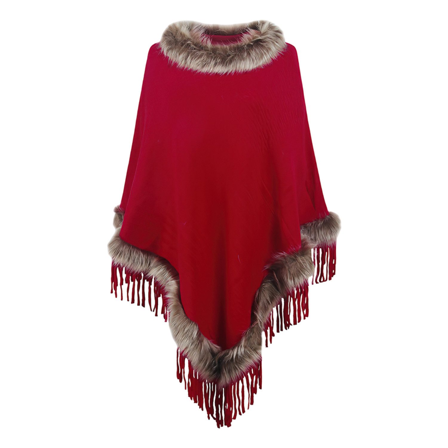 Refttenw Poncho Poncho mit Fransen,Warmer Winterponcho,Kunstfellkragen Wickelschal