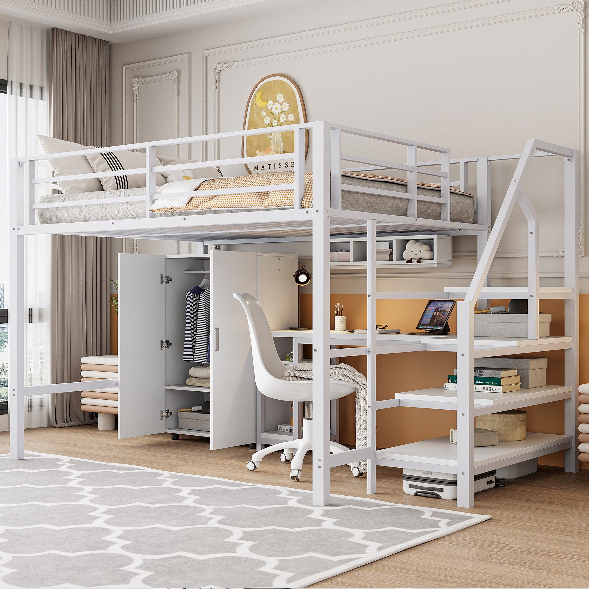 REDOM Hochbett Funktionsbett,Einzelbett,Jugendbett,Kinderbett (Hochbett 140x200 cm mit Kleiderschrank, Schreibtisch & Stauraumleiter Multifunktionale Ablage für Kinderzimmer) ohne Matratze