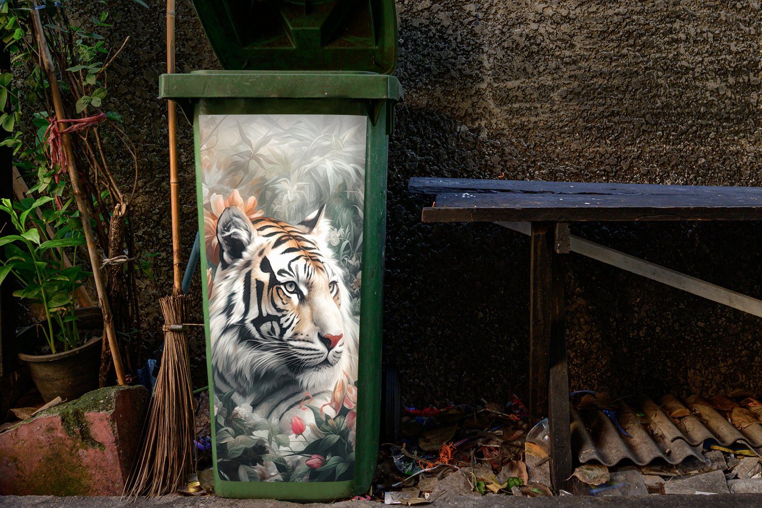 (1 Container, - MuchoWow - Mülleimer-aufkleber, Blumen Sticker, Dschungel Abfalbehälter St), Mülltonne, Wildtiere Wandsticker Tiger -