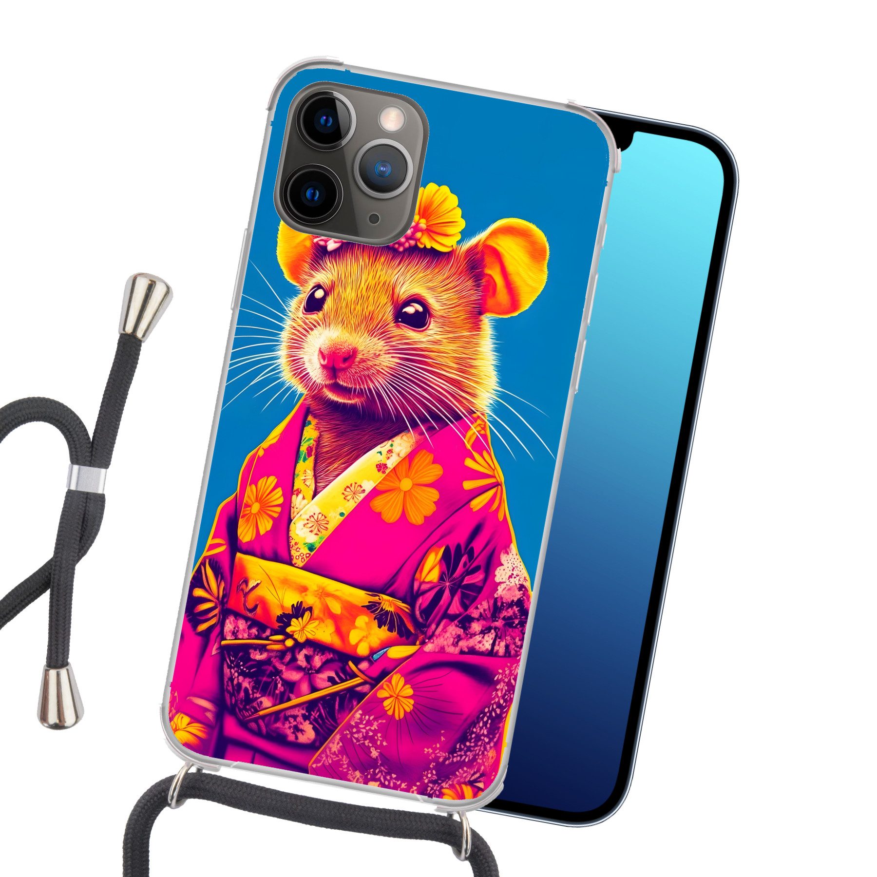 MuchoWow Handyhülle für Apple iPhone 13 Pro Max Maus - Kimono - Blumen - Blau, Tragbare Handyhüllen mit Kette zum umhängen, Handykette Handyband