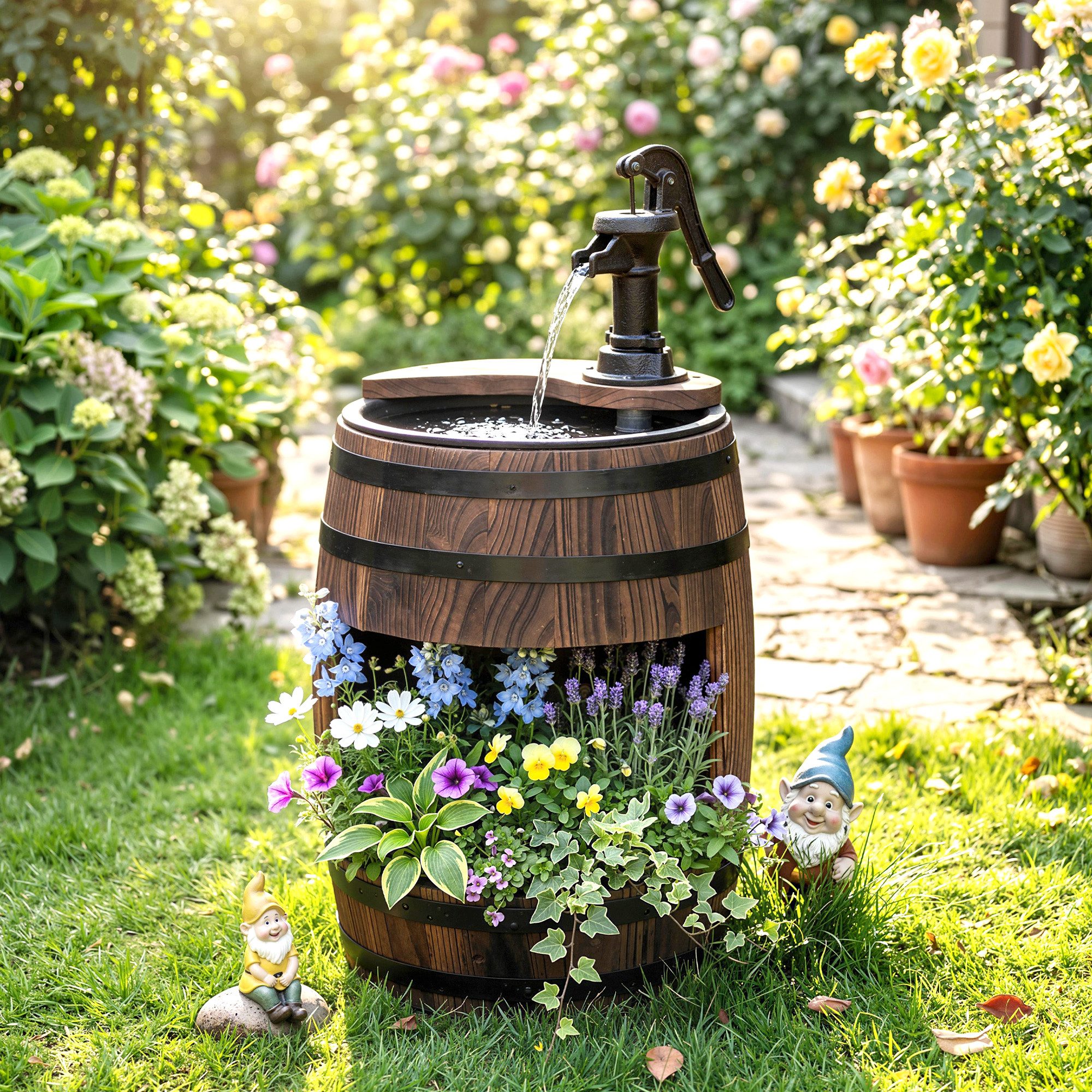 Outsunny Gartenbrunnen Fassbrunnen Wasserfall Holzfass mit Pflanzgefäß, 28 cm Breite, Wasserbecken BxT: 23x23 cm, (Zierbrunnen, 1 tlg., Springbrunnen), Tannenholz + Metall Dunkelbraun Ø27 x 59 cm