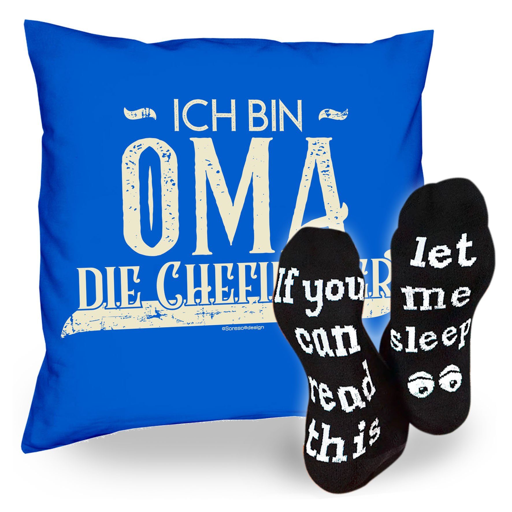 Soreso® Dekokissen Kissen Ich bin Oma die Chefin hier & Sprüche Socken Sleep, Muttertagsgeschenk Oma Omatag royal-blau