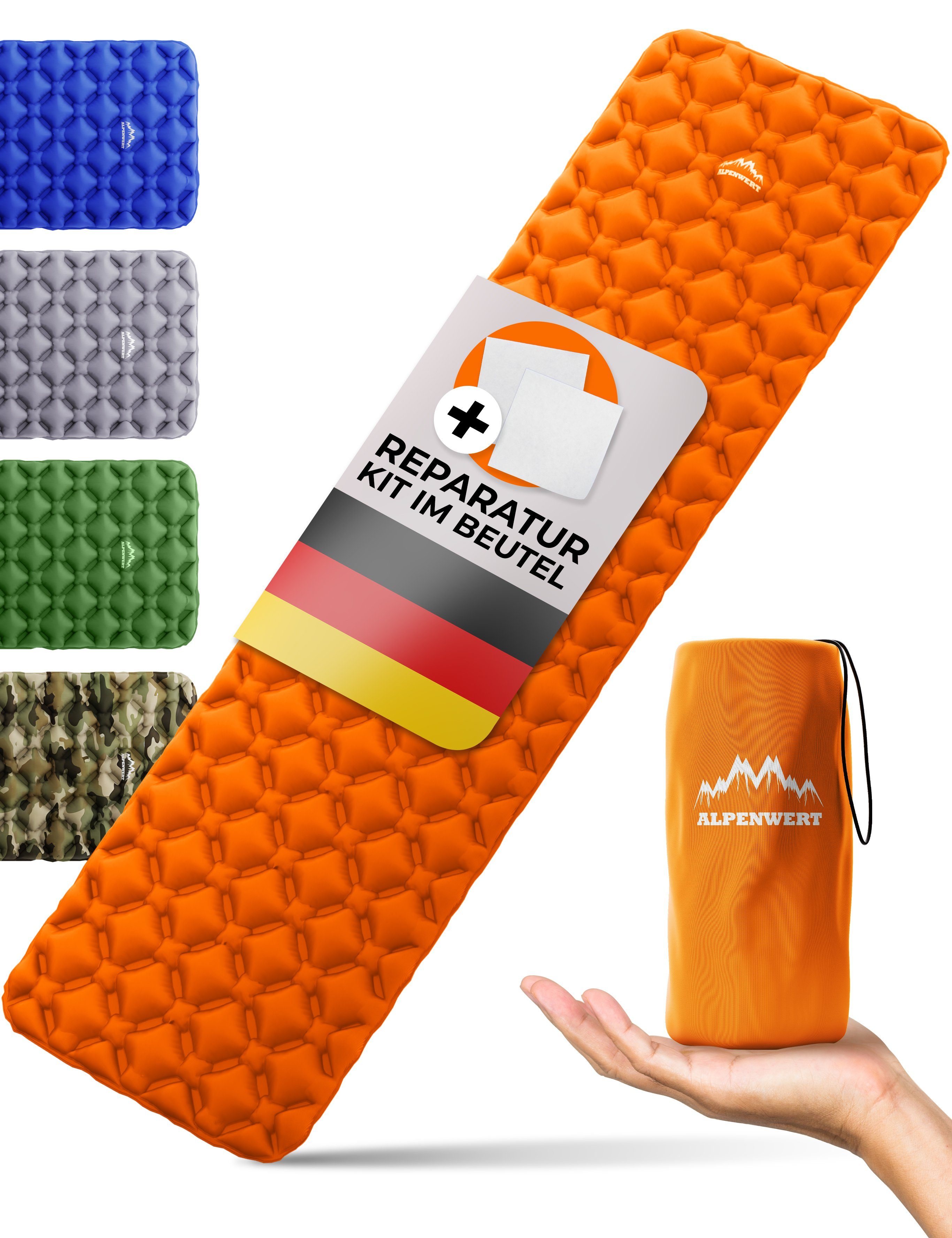 Alpenwert Isomatte Outdoor Camping Schlafmatte GRATIS Orange (Set), Ultra Leicht, Aufblasbar Kleines Pad, Packmaß, Reparatur Sleeping Kit