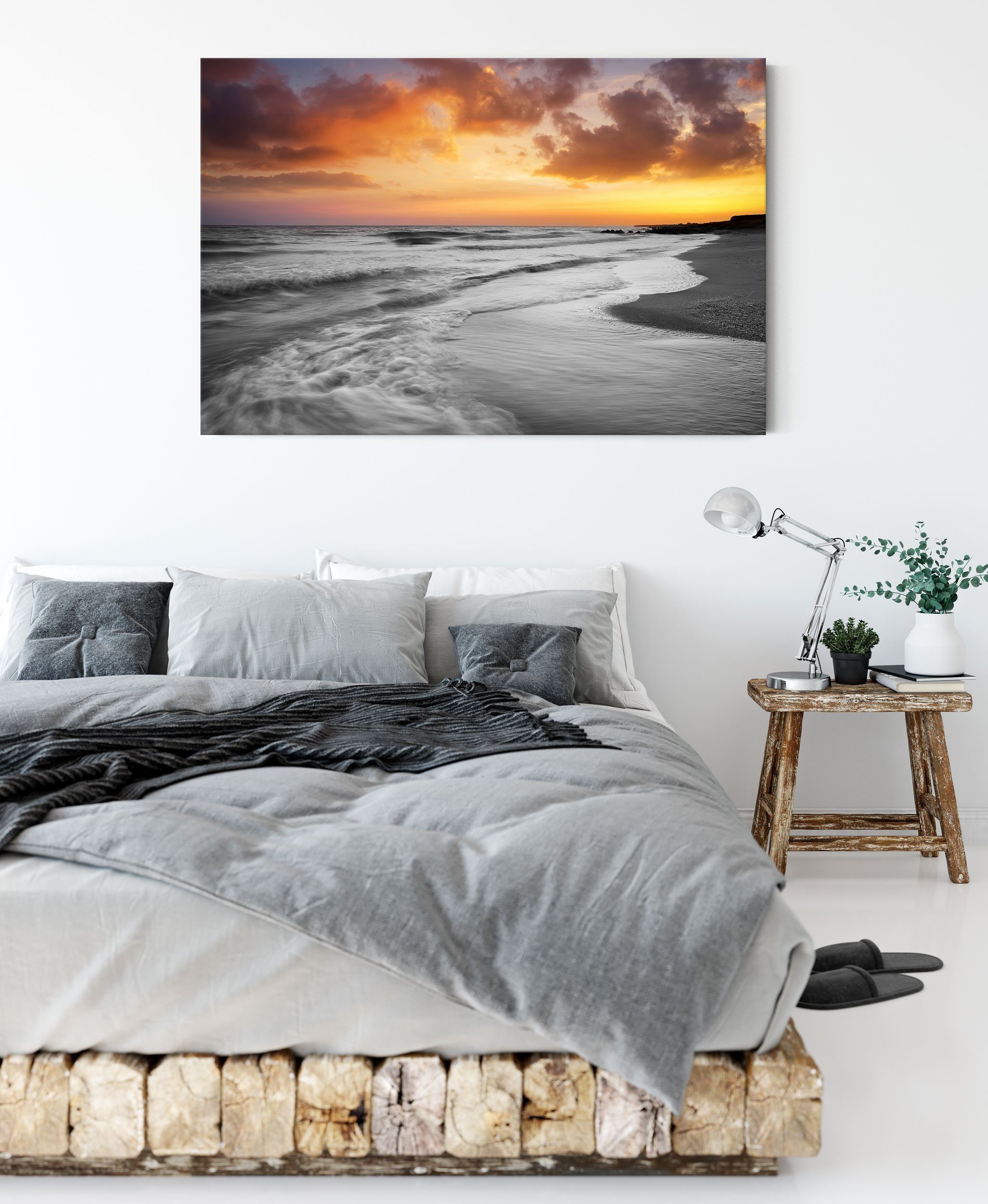 Pixxprint Leinwandbild bespannt, inkl. fertig mit Sonnenuntergang Leinwandbild Zackenaufhänger St), Strand mit (1 Sonnenuntergang, Strand