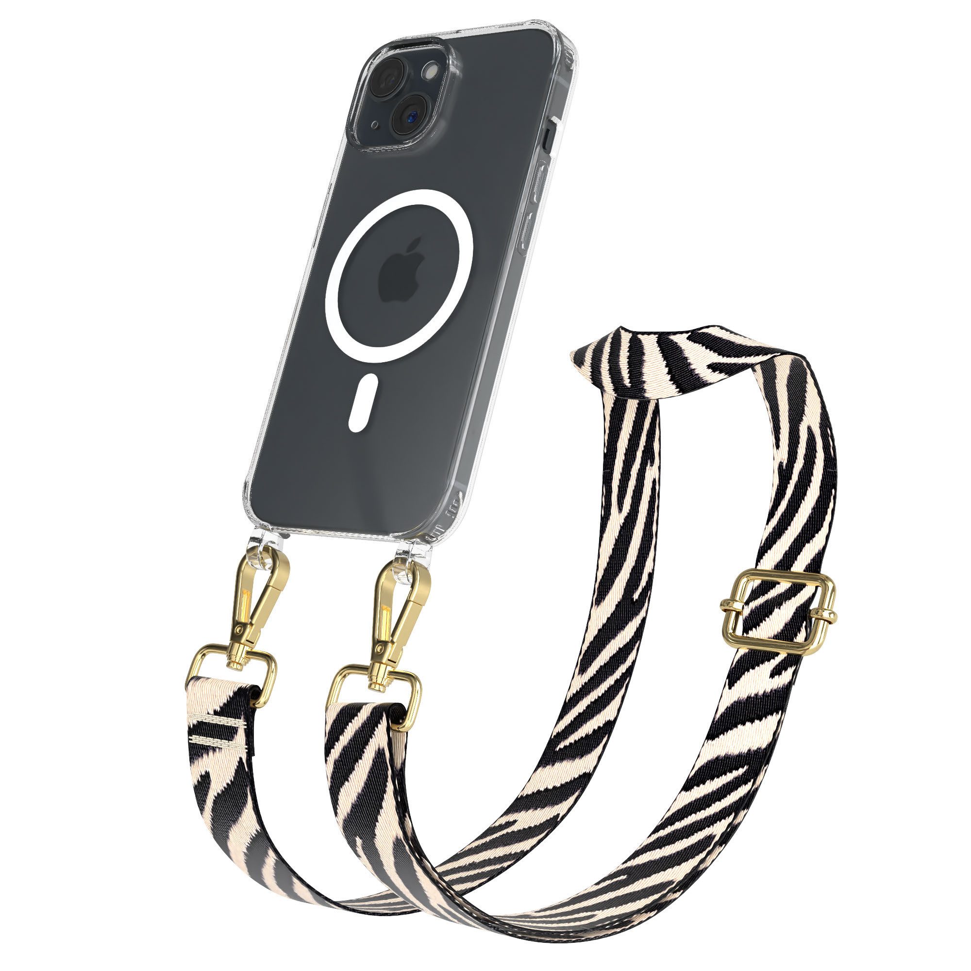EAZY CASE Handykette Umhängeband MagSafe Hülle für Apple iPhone 15 6,1 Zoll, MagSafe Hülle mit Band Zebra Style Etui verstellbar Schwarz Beige