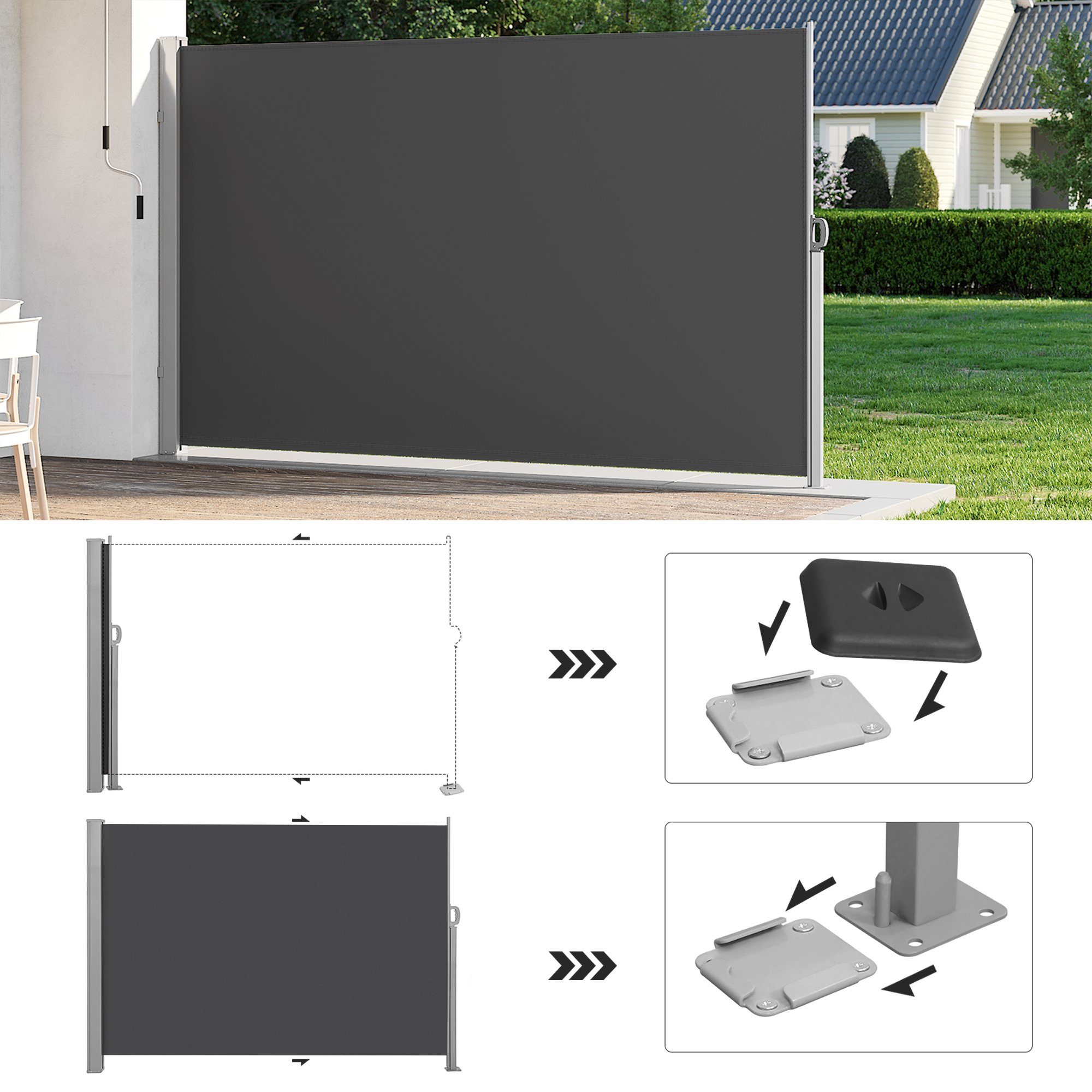 SONGMICS Seitenmarkise ausziehbar, Sichtschutz, balkon terrasse, Windschutz (Sonnenschutz, inkl. Zubehörpaket & Anleitung) Balkon, mitgelieferte Bodenhalterung