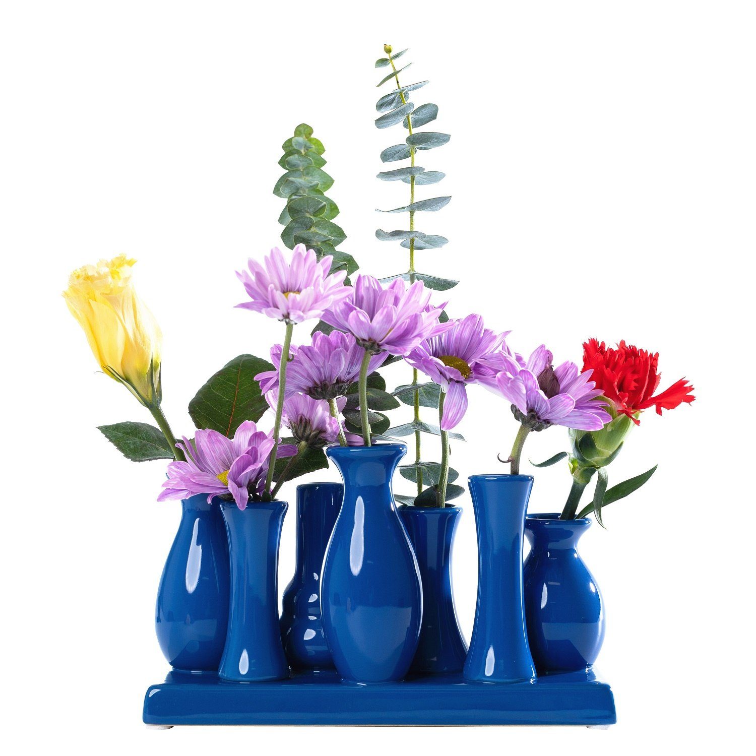 Jinfa Dekovase Handgefertigte kleine Keramik Deko Blumenvasen (7 Vasen Set blau), verbunden auf auf einem Tablett