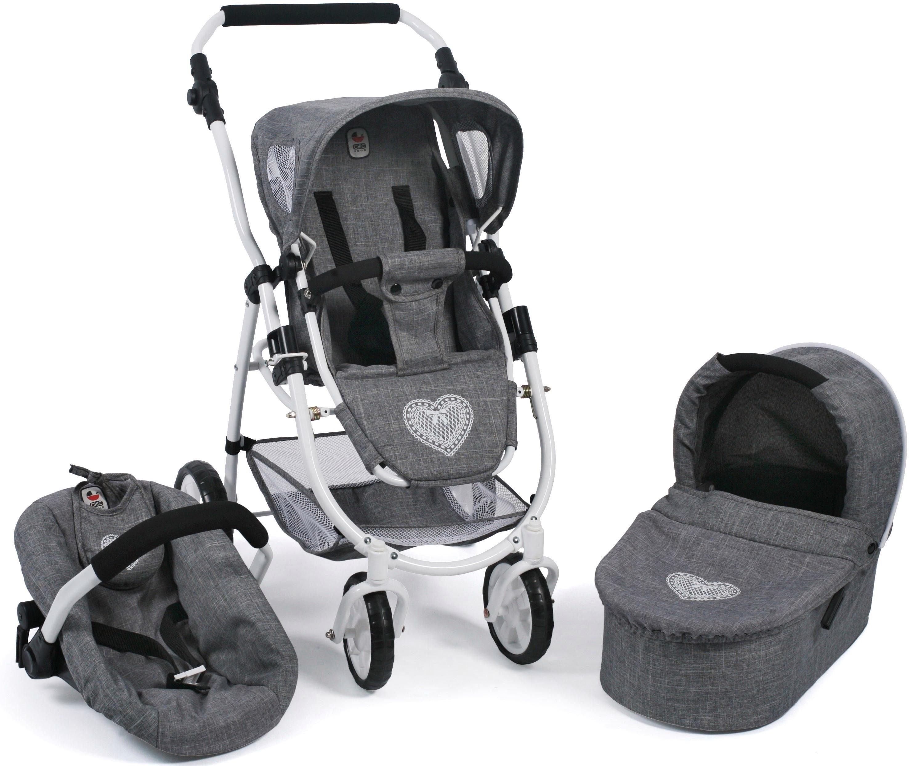 CHIC2000 Kombi-Puppenwagen Emotion All In 3in1, Jeans Grey, inkl. Babywanne, Babyschale und Sportwagenaufsatz