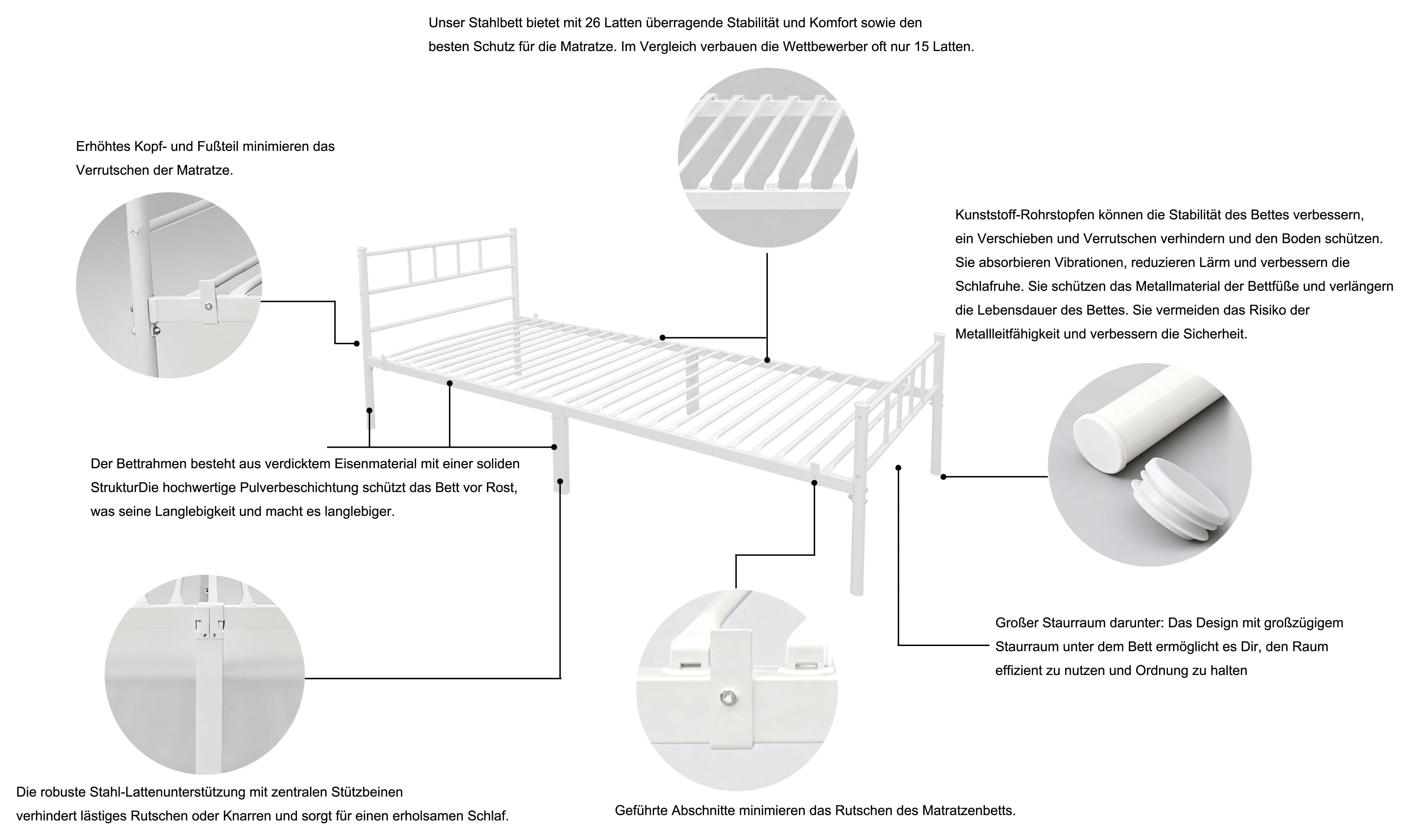 OTTO home Metallbett Amrum Bett Bettgestell Bettrahmen Einzelbett Doppelbett Stahlbett (2m Länge und in 4 Breiten wählbar - 90, 140, 160, 180 cm), Schlafzimmerbett inkl. 26 Lattenroste zum Schutz der Matratze