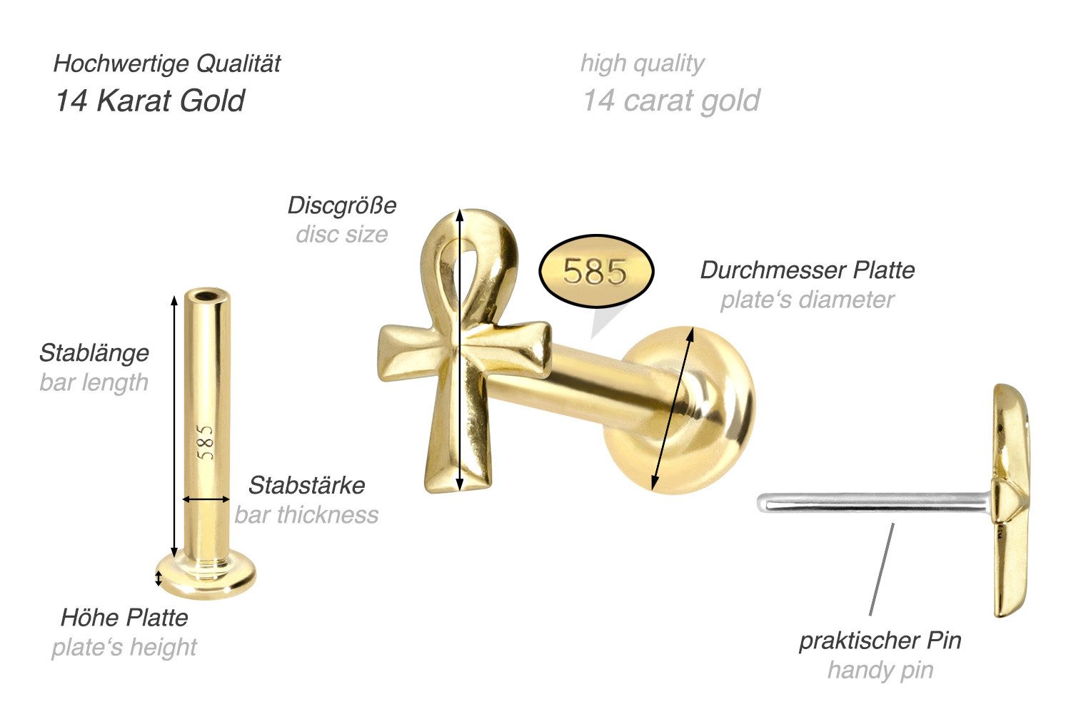 PIERCINGLINE Piercing-Set 14 Karat Gold Labret mit Push Fit ÄGYPTISCHES KREUZ (Labrets, 1-tlg)