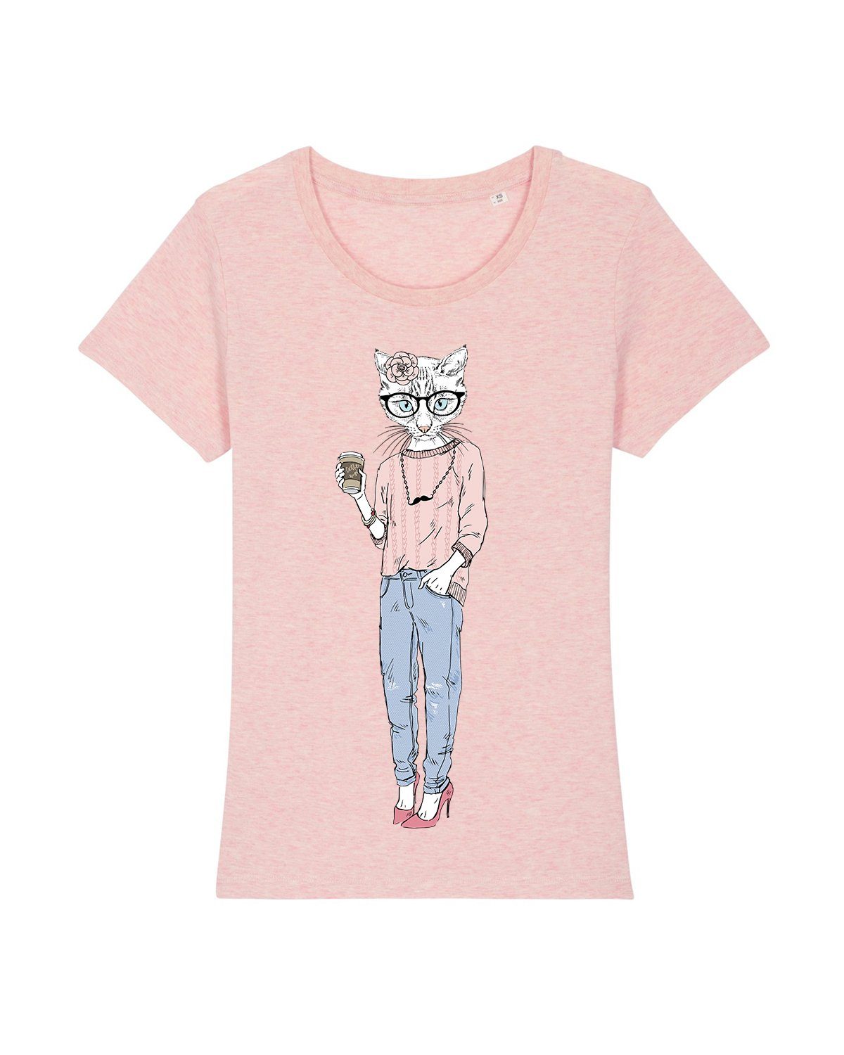 wat? Apparel Print-Shirt Hipster Cat with Moustache (1-tlg) creme rosa meliert