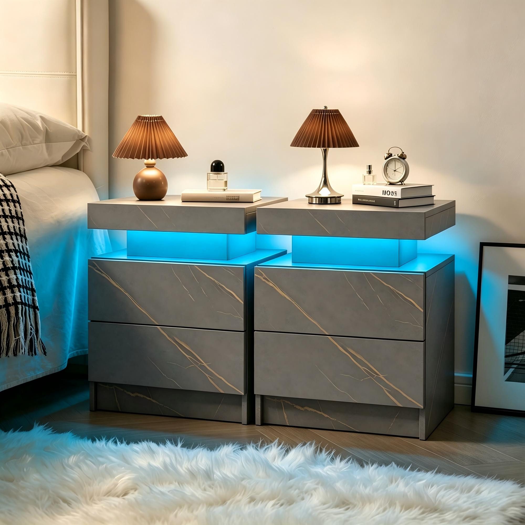Fine Life Pro Nachttisch LED-Nachttische (2er-Set) – Moderner Beistellschrank mit Beleuchtung