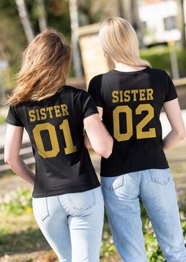 Couples Shop T-Shirt Sister 01 & Sister 02 Beste Freunde Damen Shirt mit modischem Print