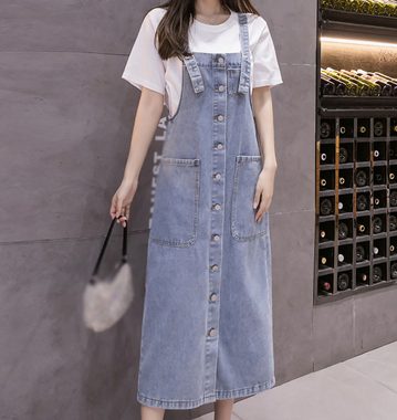 AFAZ New Trading UG Sommerkleid Einreihiges lockeres, mittellanges Strapskleid für Frühling und Sommer Damen-Overknee-Jeans-Hosenträgerrock in großer Größe