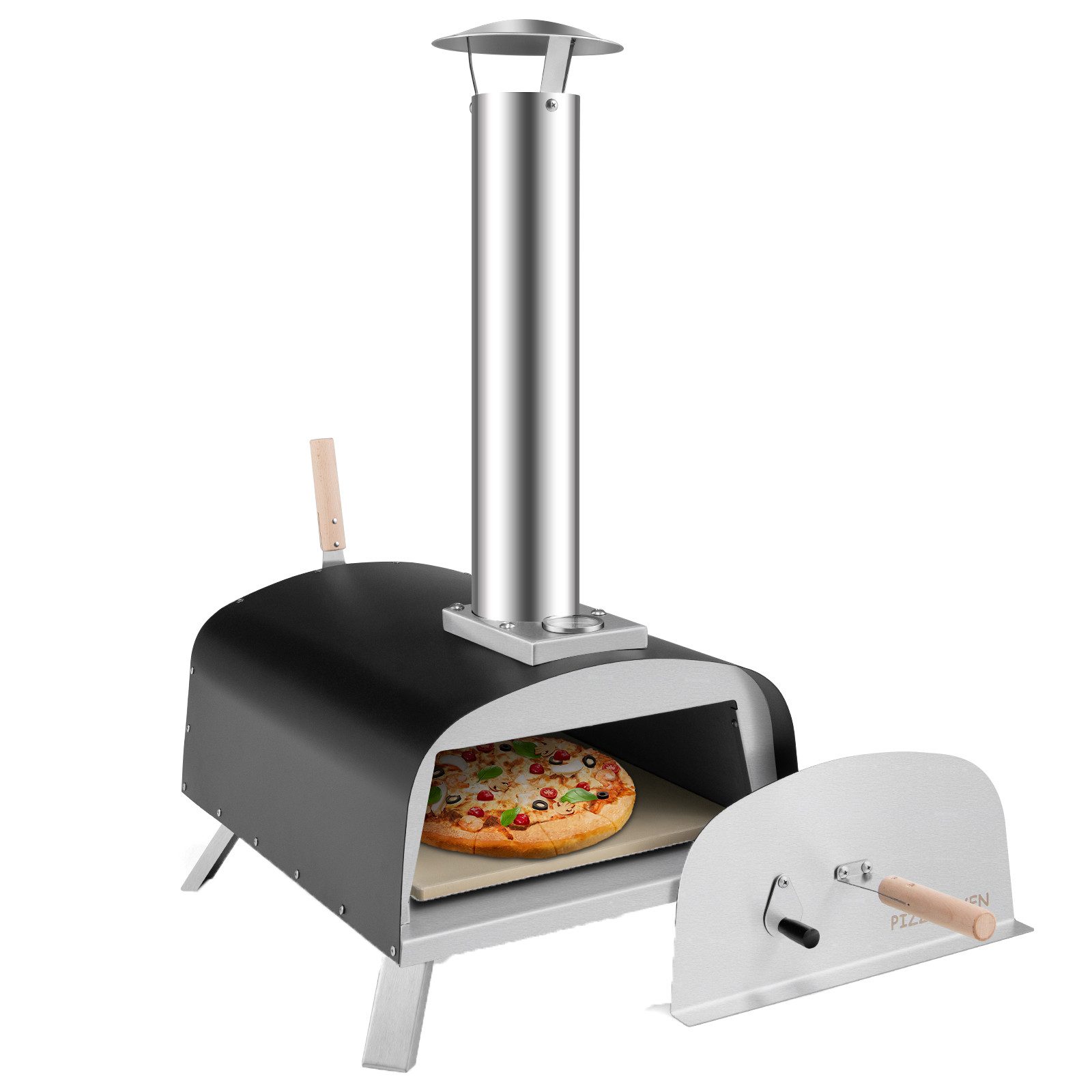 COSTWAY Pizzaofen, inkl. Pizzaschieber & Pizzastein, Holz, bis zu 450 °C
