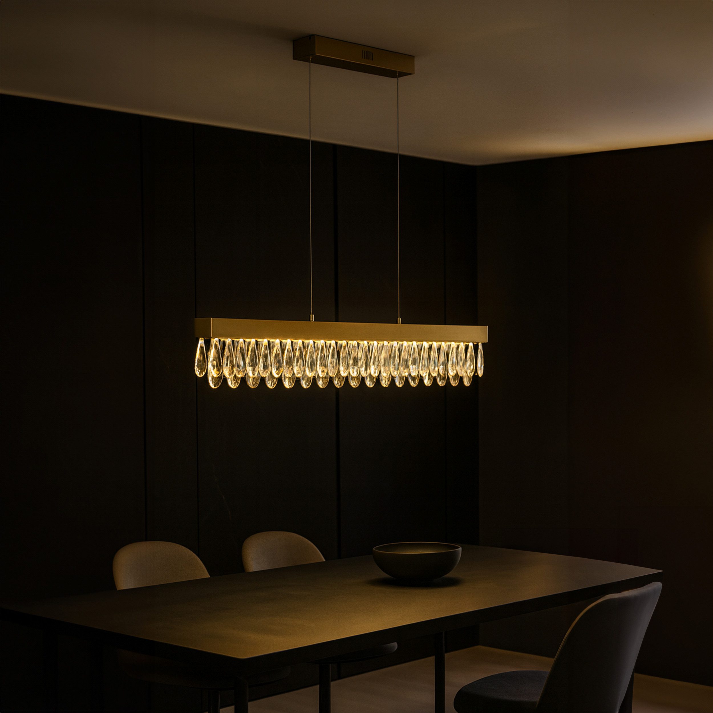 Lightbox Pendelleuchte, LED fest integriert, Warmweiß, LED Balken Hängelampe mit Kristallen - 1m breit -messingfarbend