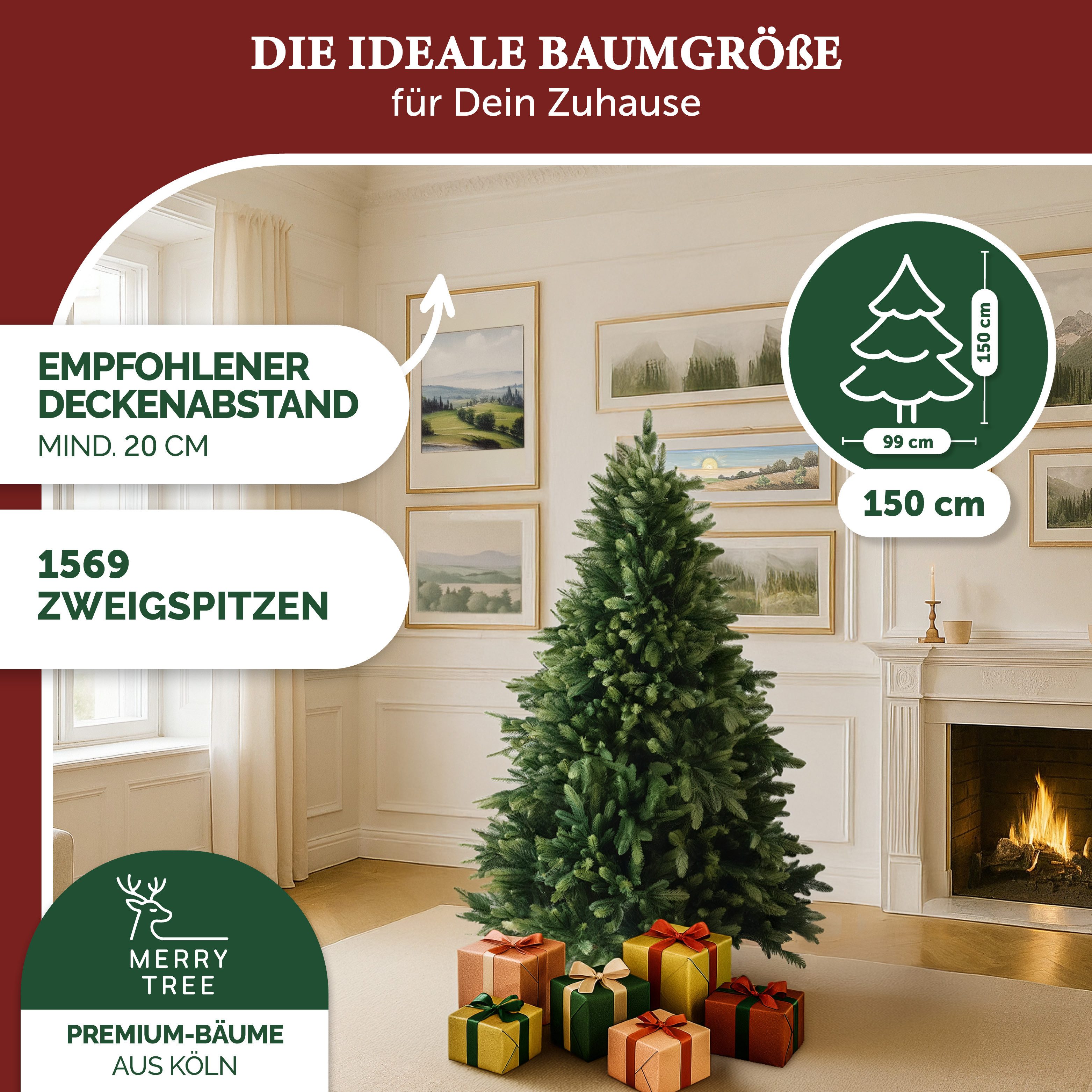 MERRY TREE Künstlicher Weihnachtsbaum Luxus Kunst-Tannenbaum, 100 % PE-Nadeln, Holzfuß, Nordmantanne, mit/ohne LED-Beleuchtung, Tannenbaum Spritzguss