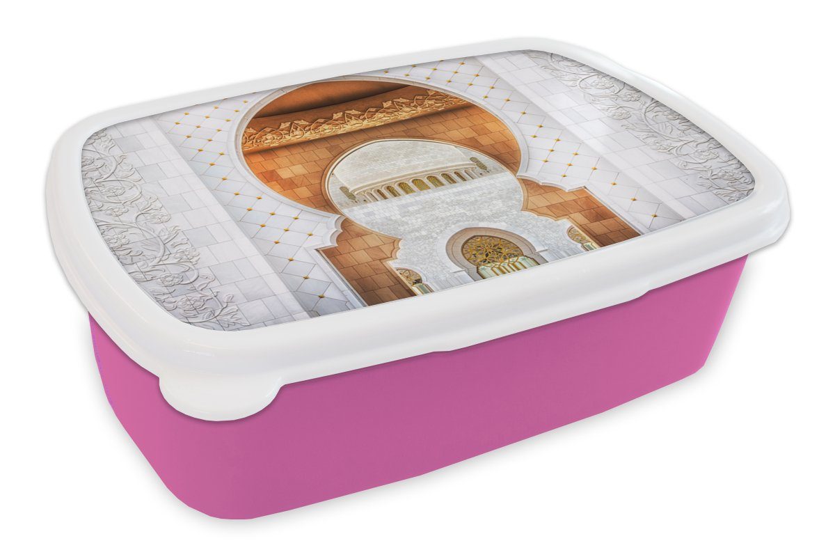 Brotbox Tor Lunchbox MuchoWow (2-tlg), Kunststoff, Architektur - Weiß - Kinder, Brotdose Snackbox, für - Erwachsene, Kunststoff Mädchen, rosa Gold,