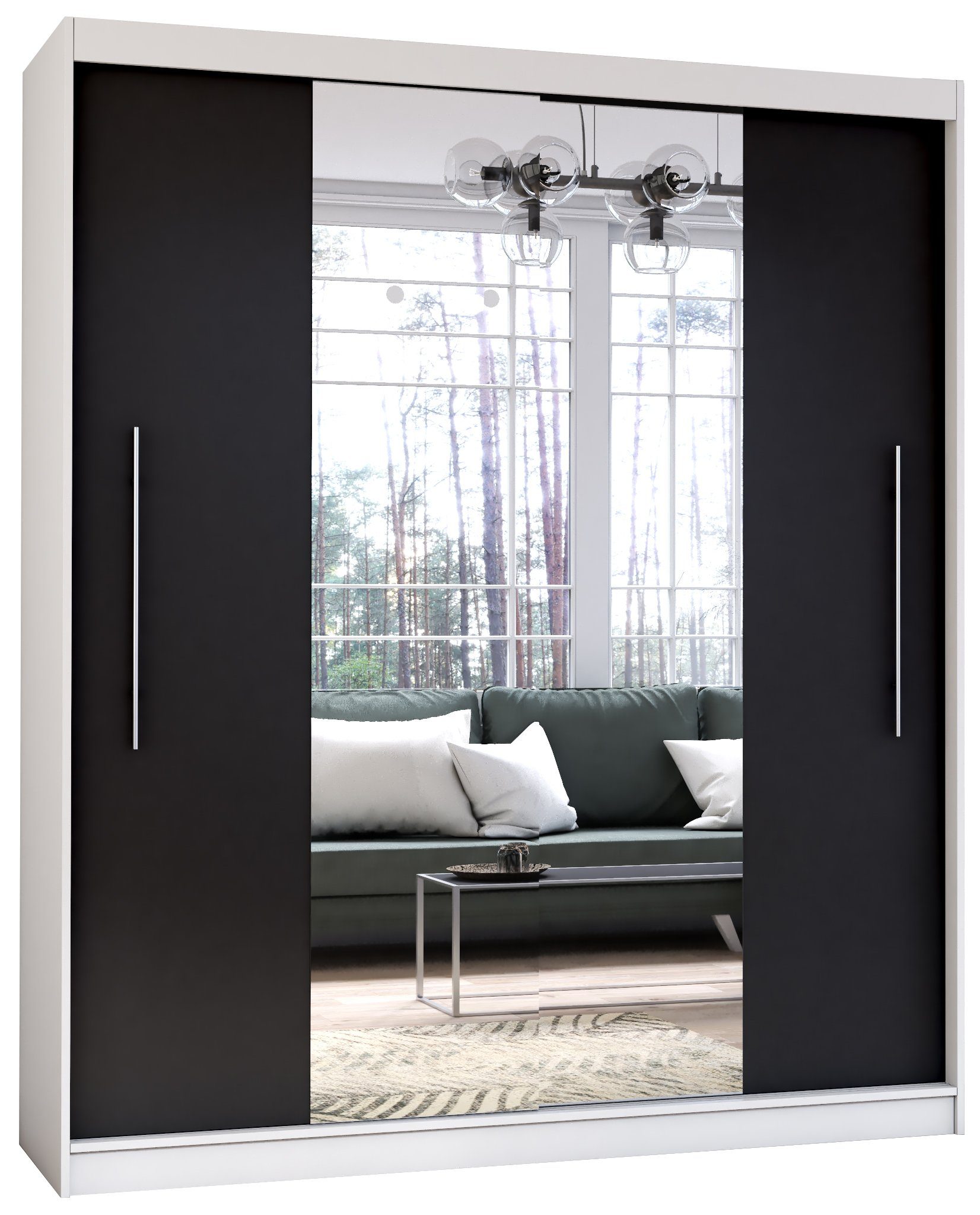 Polini Home Schwebetürenschrank Prime Comfort 204x218x58 cm Spiegel mittig in Weiß-Schwarz weiß-schwarz | weiß