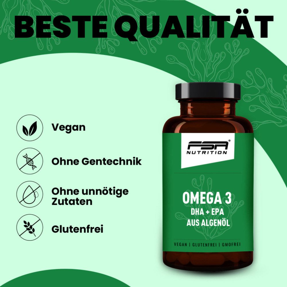 FSA NUTRITION Omega 3 DHA + EPA aus Algenöl im Glas Kapseln, 60 St., 40 g