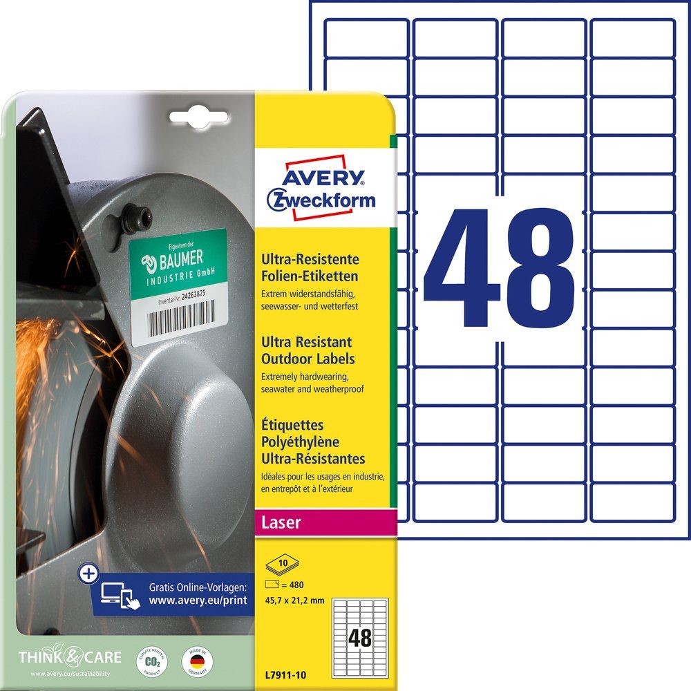 L7911-10 x mm Zweckform Etikett 21.1 Avery Avery-Zweckform Polyethylenfolie Wei Etiketten 45.7