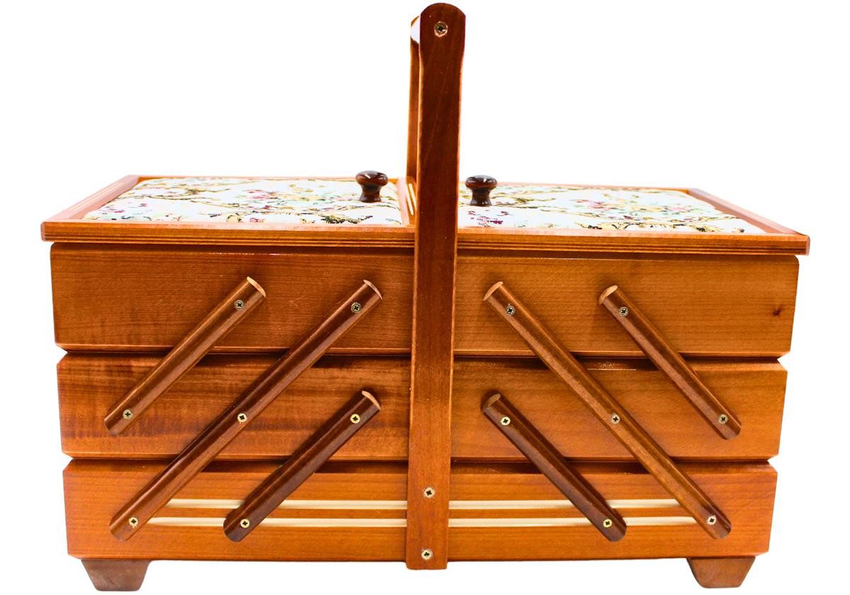 Dekohelden24 Nähkorb Hochwertiger Nähkasten, Nähkästchen aus Furnierholz mit 7 Fächern und (1 St), und Stoffbezug Rosenmotiv in Mahagoni, L/B/H 42 x 20 x 21 cm .