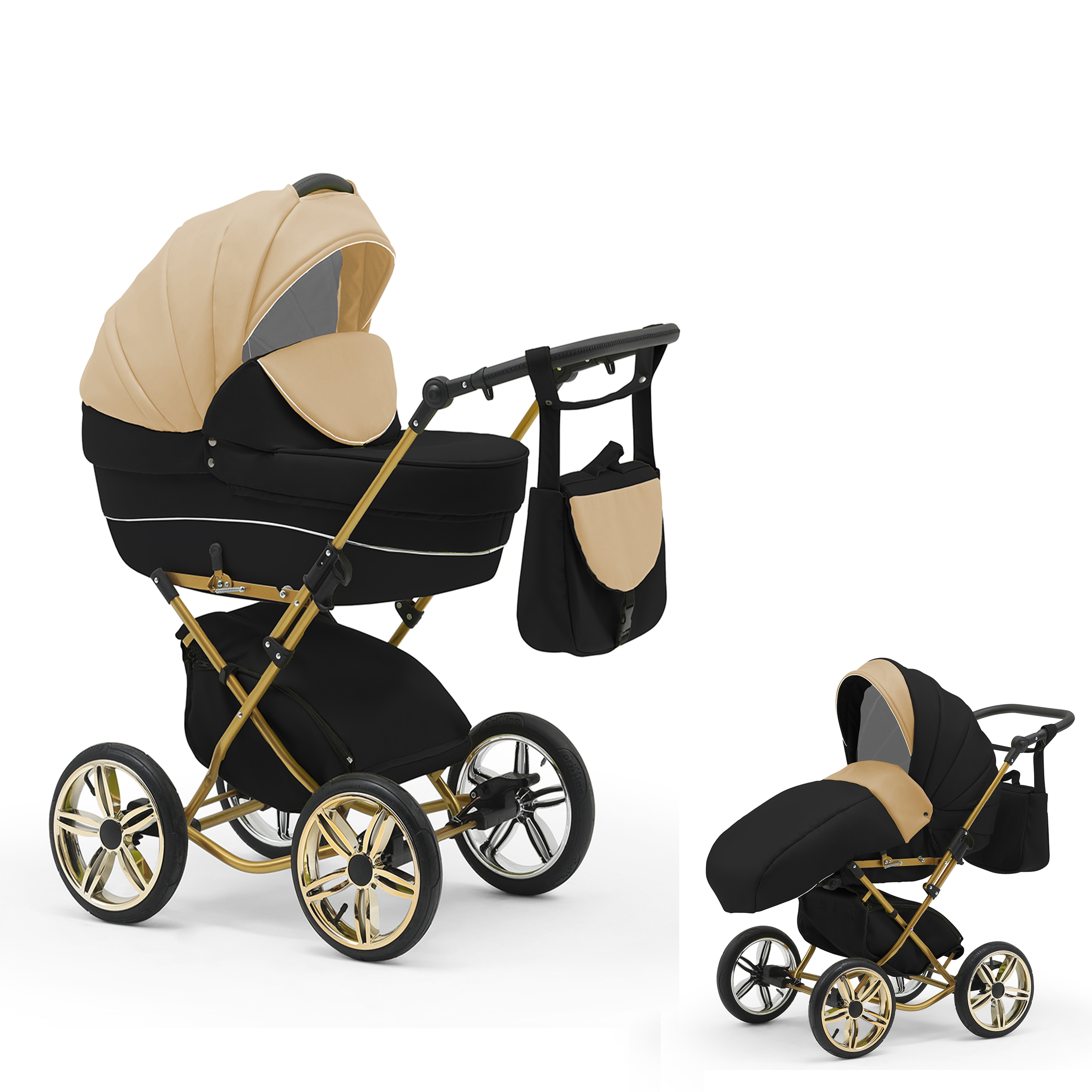 babies-on-wheels Kombi-Kinderwagen Sorento 2 in 1 - 11 Teile - von Geburt bis 4 Jahre in 30 Designs Beige-Schwarz