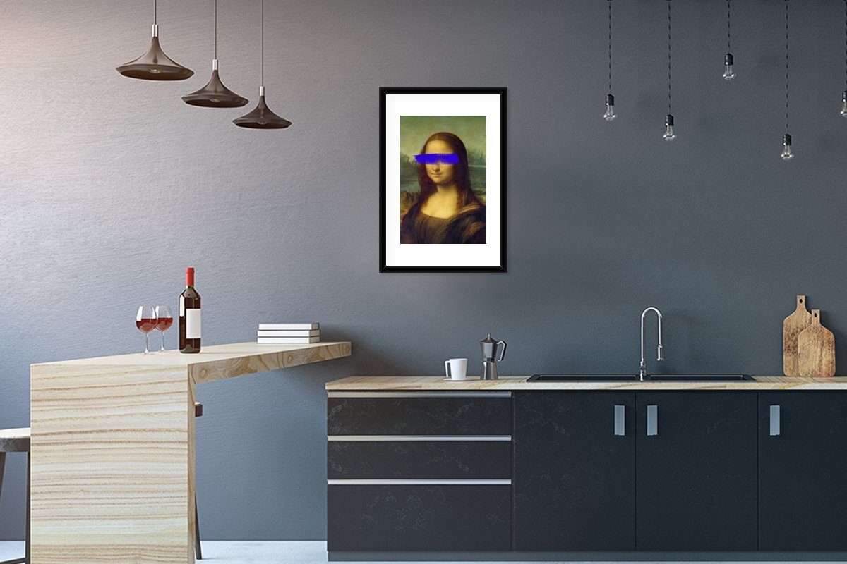 MuchoWow Poster Mona Lisa - Leonardo da Vinci - Blau - Alte Meister, (1 St), mit Rahmen, Kunstdruck, Gerahmtes Poster, Schwarzem Bilderrahmen