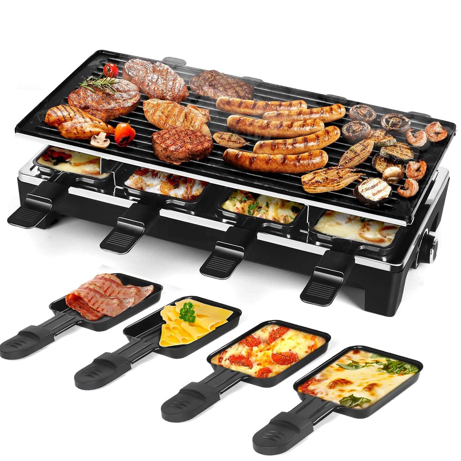 OYLCDI Tischgrill Elektrischer Grill, Barbecue Elektrogrill,Rauchfreier Grill, 1500 W, 40 x 20cm Grillfläche,regelbares Thermosta,mit 8 Kleine Backformen