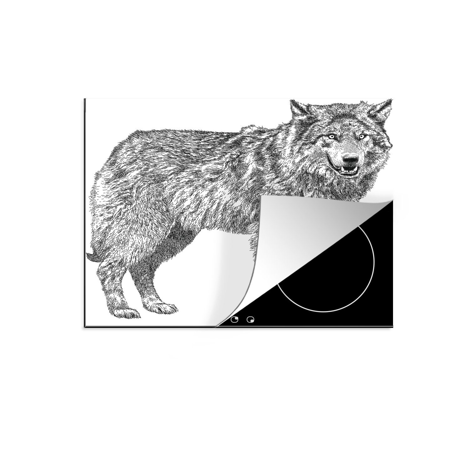 MuchoWow Herdblende-/Abdeckplatte Wolf - Weiß - Skizze, Vinyl, (1 tlg), 57x51 cm, Induktionsschutz, Induktionskochfeld, Ceranfeldabdeckung