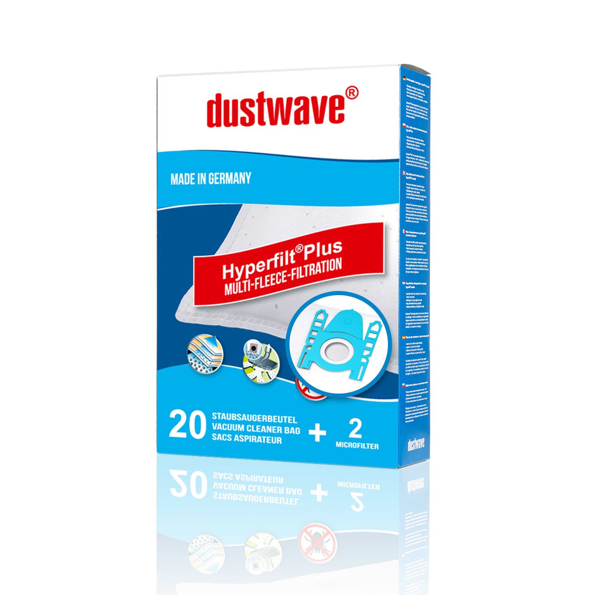 Dustwave Staubsaugerbeutel Megapack, passend für AmazonBasics S11, 20 St., Megapack, 20 Staubsaugerbeutel + 2 Hepa-Filter (ca. 15x15cm - zuschneidbar)