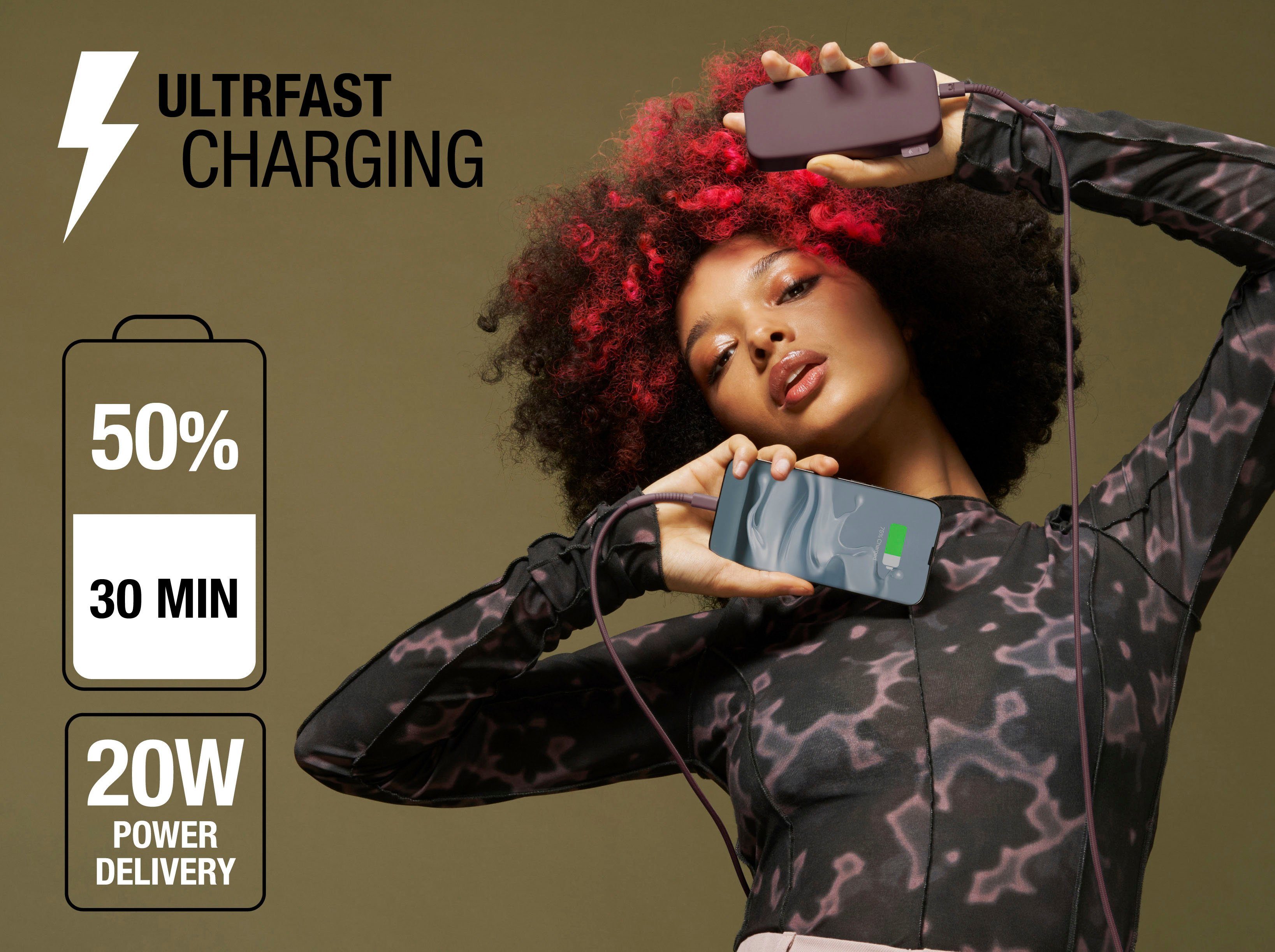 Powerbank dunkelrot Fast Ultra Charge mit 12000mAh 20W Rebel Fresh´n Power USB-C, PD Pack &
